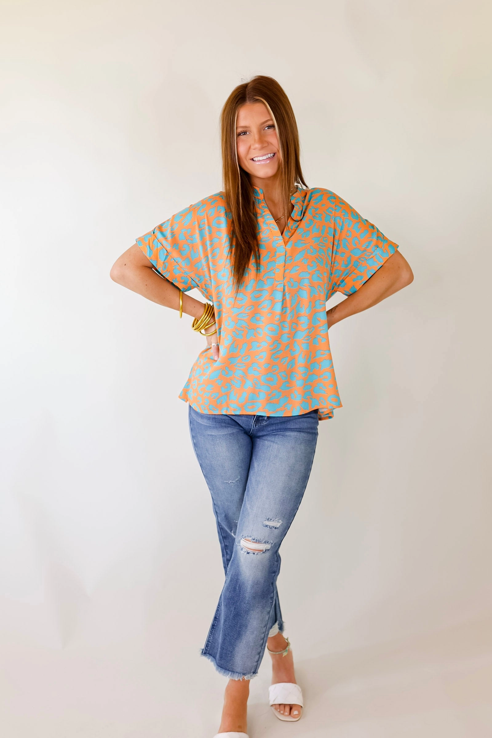 Bold and Beautiful V Neck Teal Leopard Print Top in Orange EcoDyeProcess Casual Wear