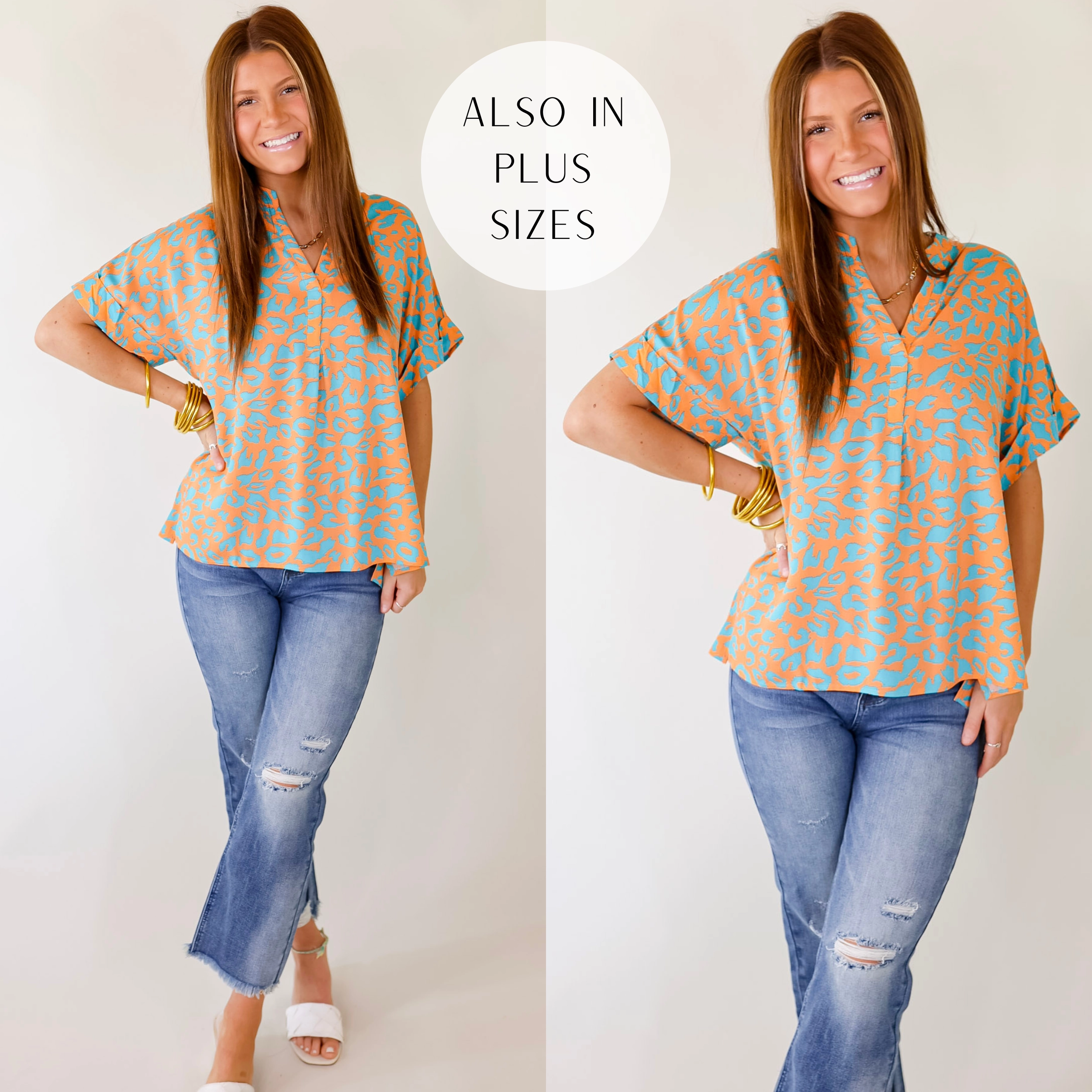 Summer Wear Bold and Beautiful V Neck Teal Leopard Print Top in Orange