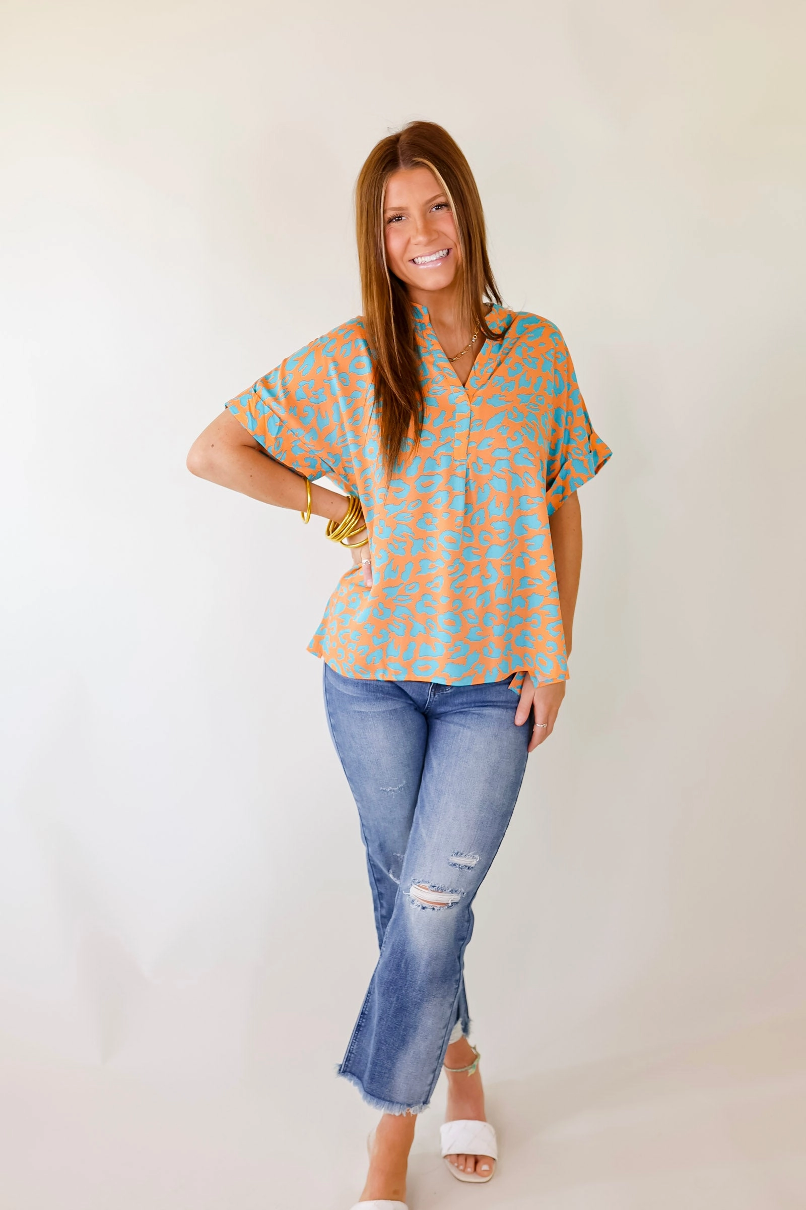 Organic Cotton Certification StaticFree Lining Bold and Beautiful V Neck Teal Leopard Print Top in Orange