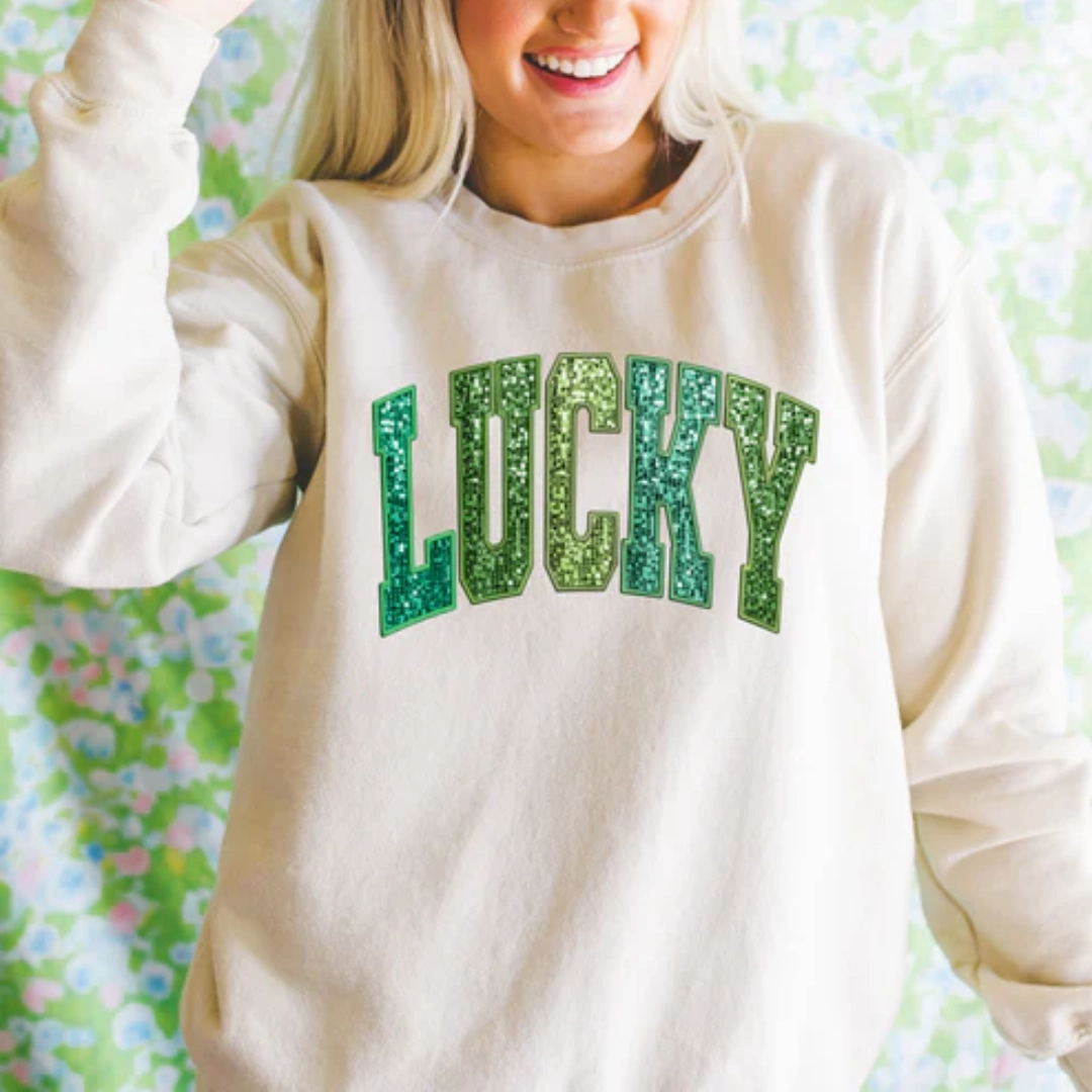 Effortless Comfort Online Exclusive | Lucky Faux Sequin Graphic Sweatshirt in Cream