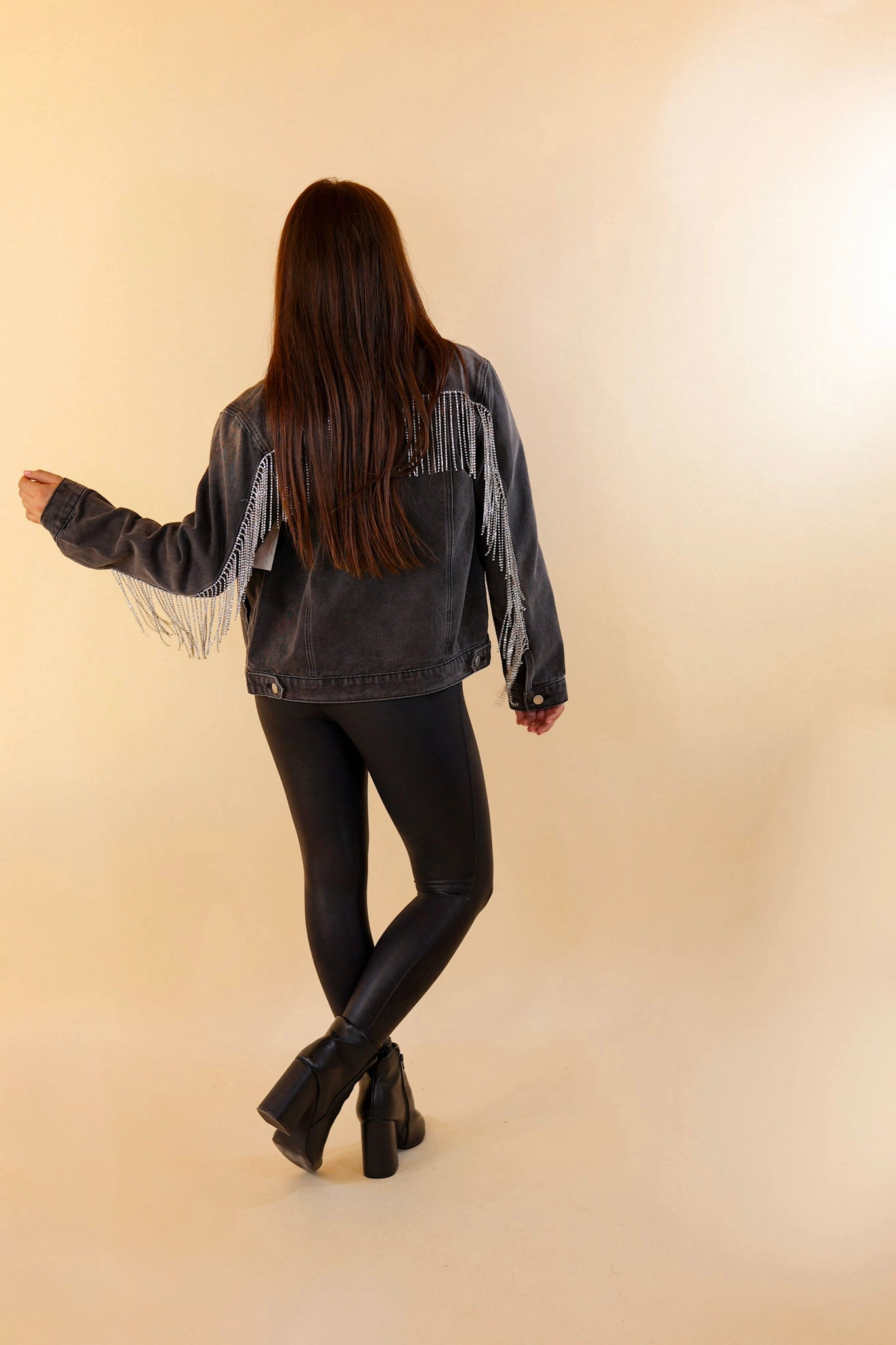 Star Fit Screen Core Rhinestone Cowgirl Crystal Fringe Denim Jacket in Charcoal Black