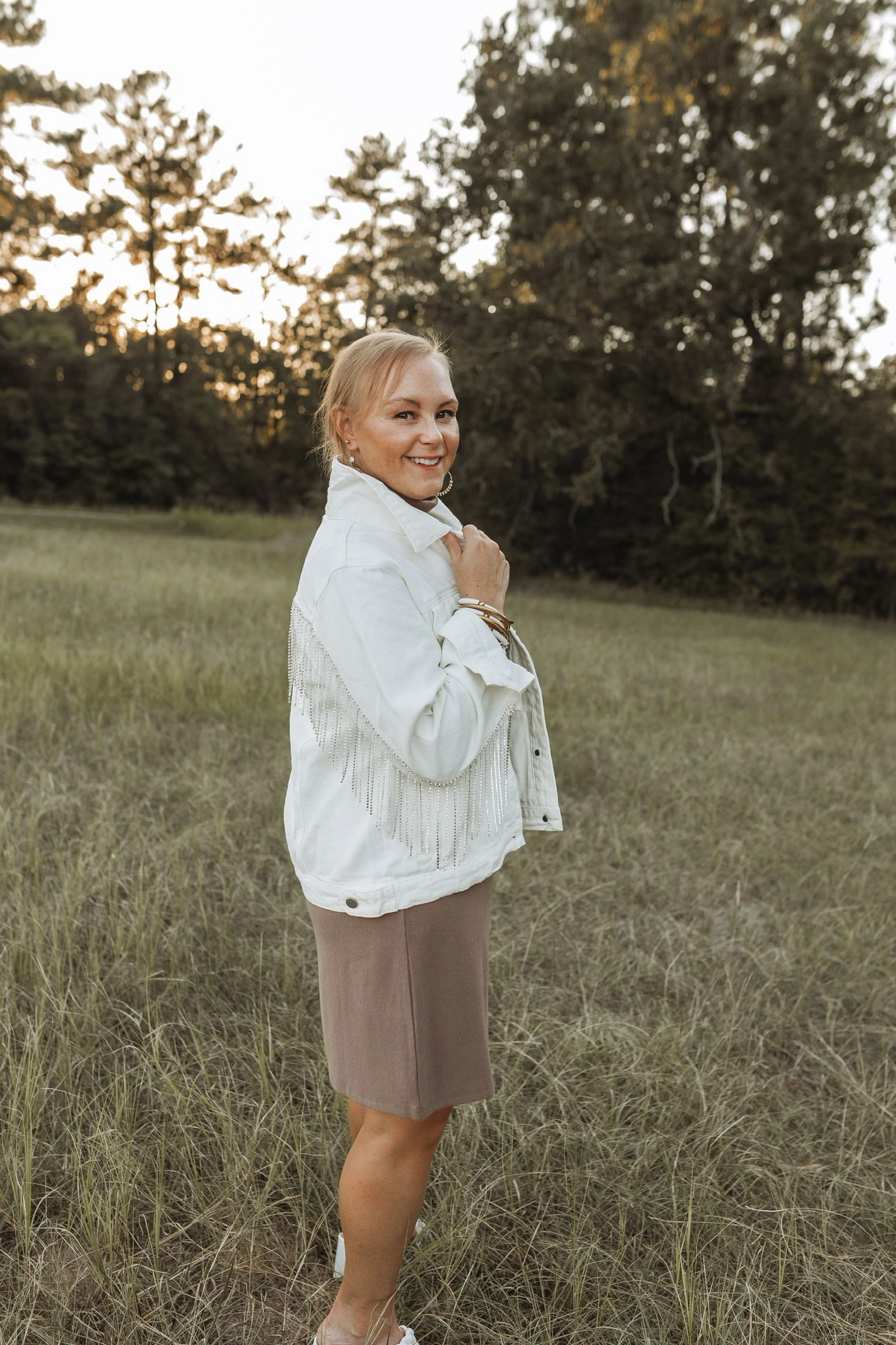 Rhinestone Cowgirl Crystal Fringe Denim Jacket in White Team Vibe