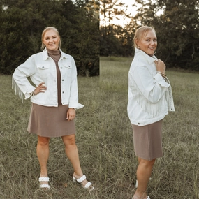 QuickDryTechnology Rhinestone Cowgirl Crystal Fringe Denim Jacket in White