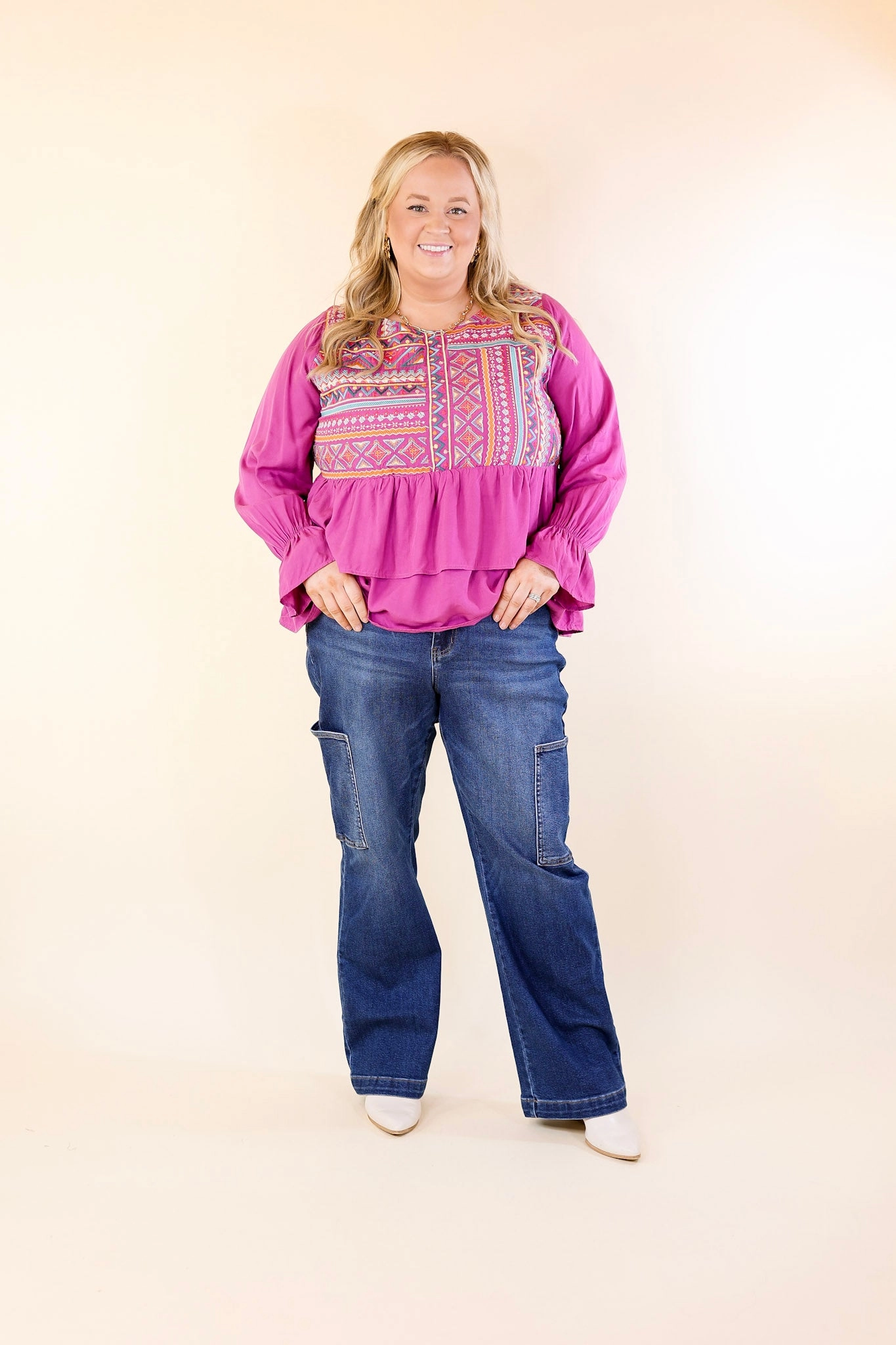 Multipurpose Design Rhythm Of The Season Embroidered Long Sleeve Top in Magenta