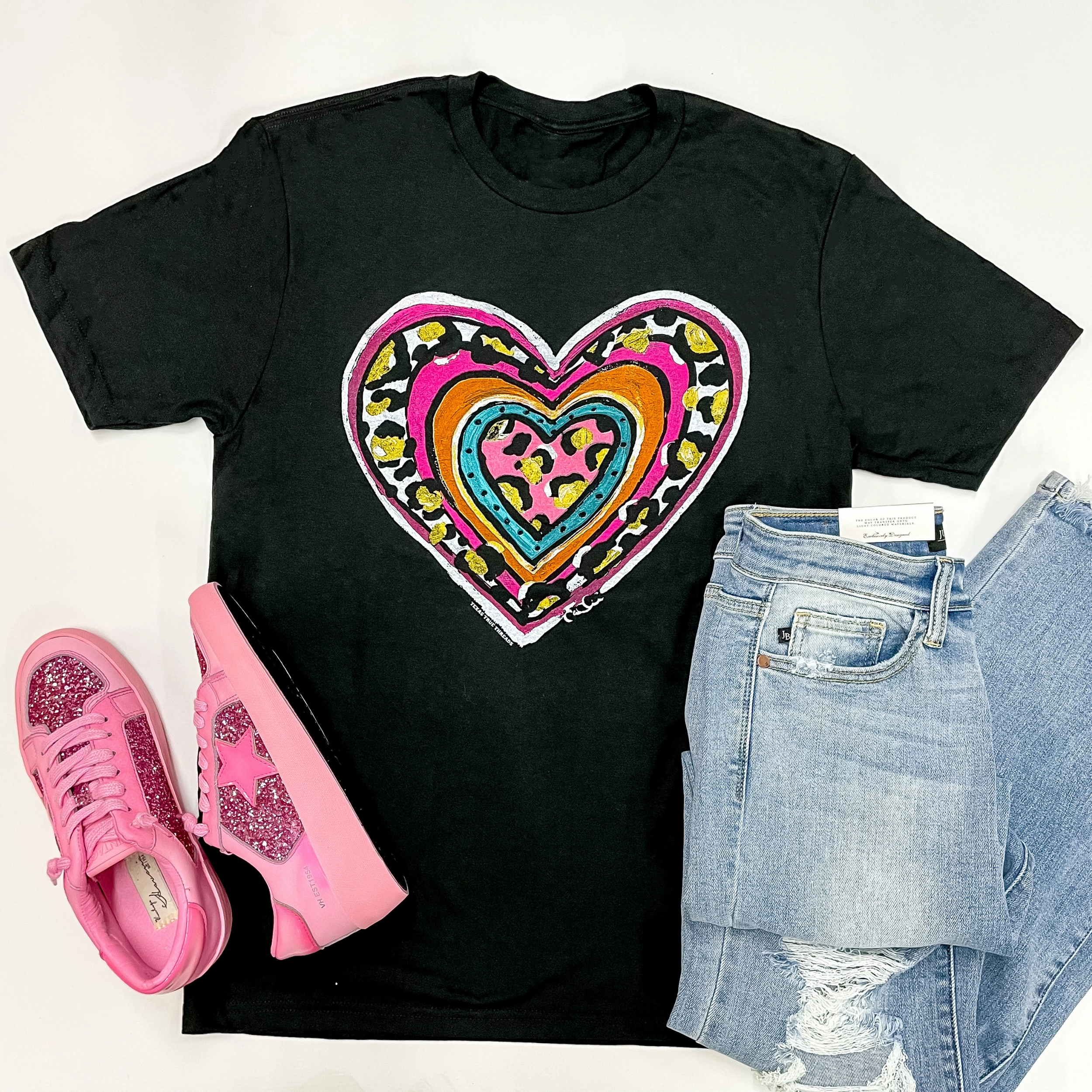 StretchComfortWeave easy to pair Take My Heart Print Block Heart Short Sleeve Graphic Tee in Black