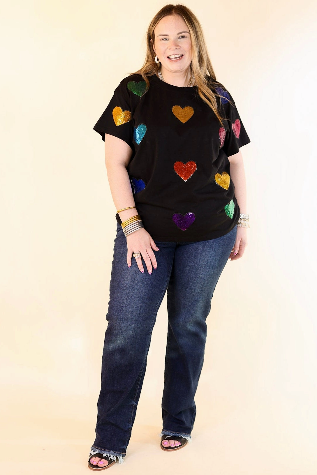 AdvancedMoistureManagement Queen Of Sparkles | Fluttering Hearts Multi-Colored Sequin Top in Black