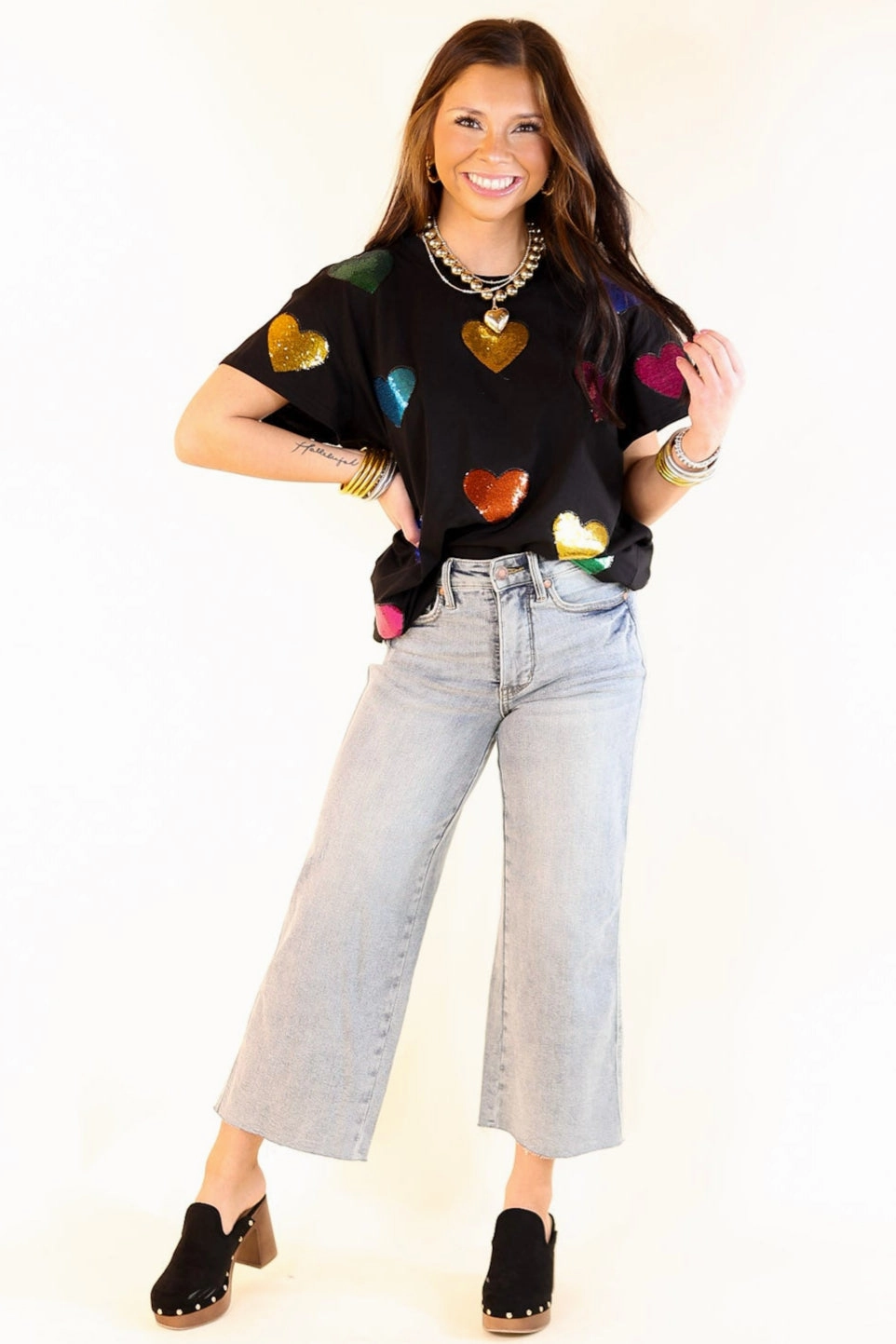 Queen Of Sparkles | Fluttering Hearts Multi-Colored Sequin Top in Black Slim Fit Comfort All-Day Stretch