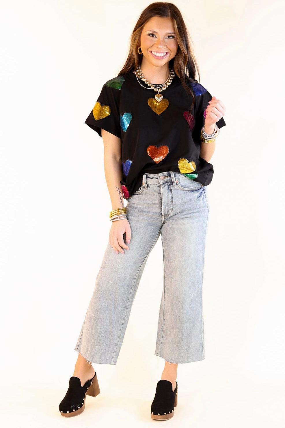 Queen Of Sparkles | Fluttering Hearts Multi-Colored Sequin Top in Black Non Toxic Materials