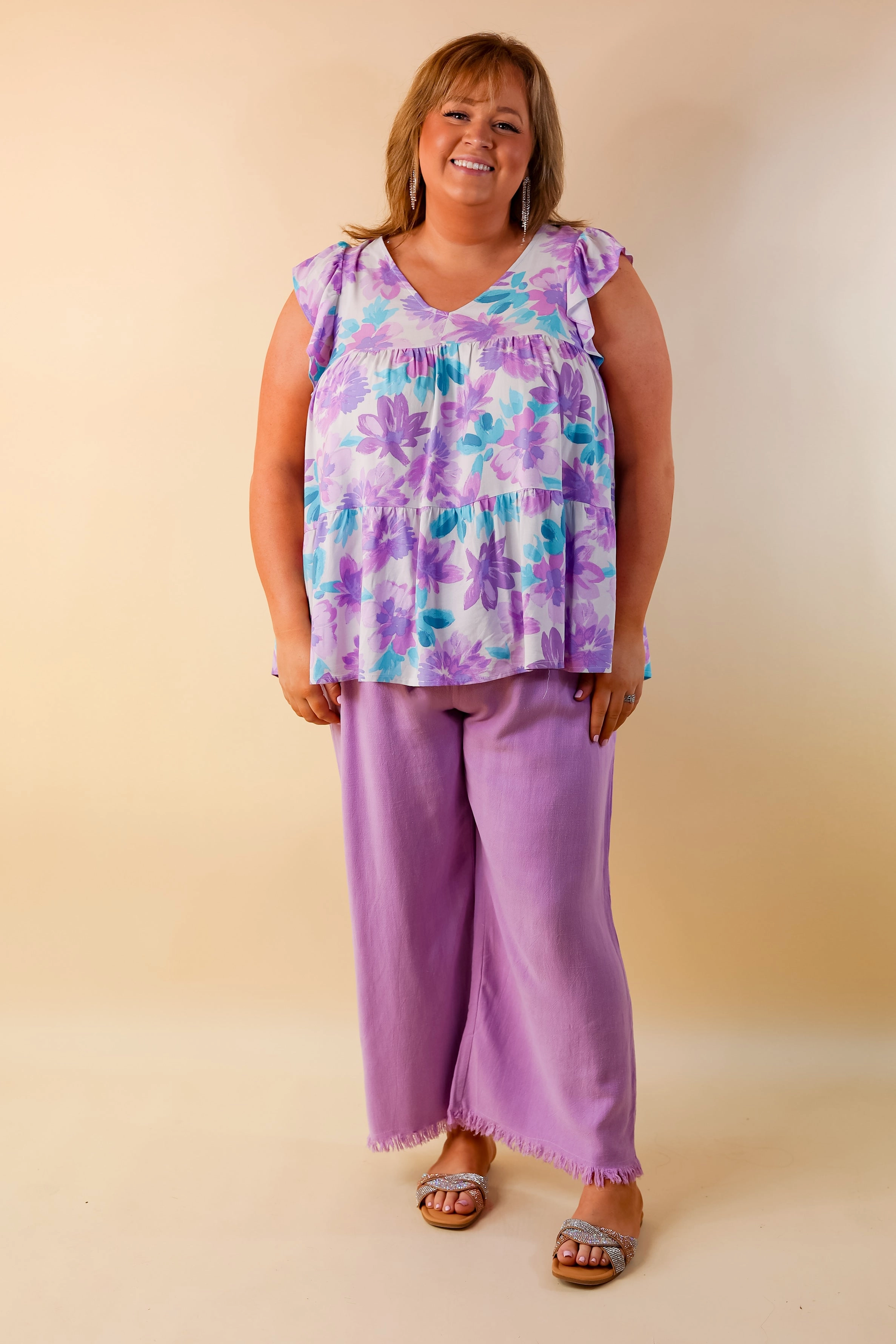 Right On Cue Elastic Waistband Cropped Pants with Frayed Hem in Lavender Purple DoubleLayered Fabric Classic Suit
