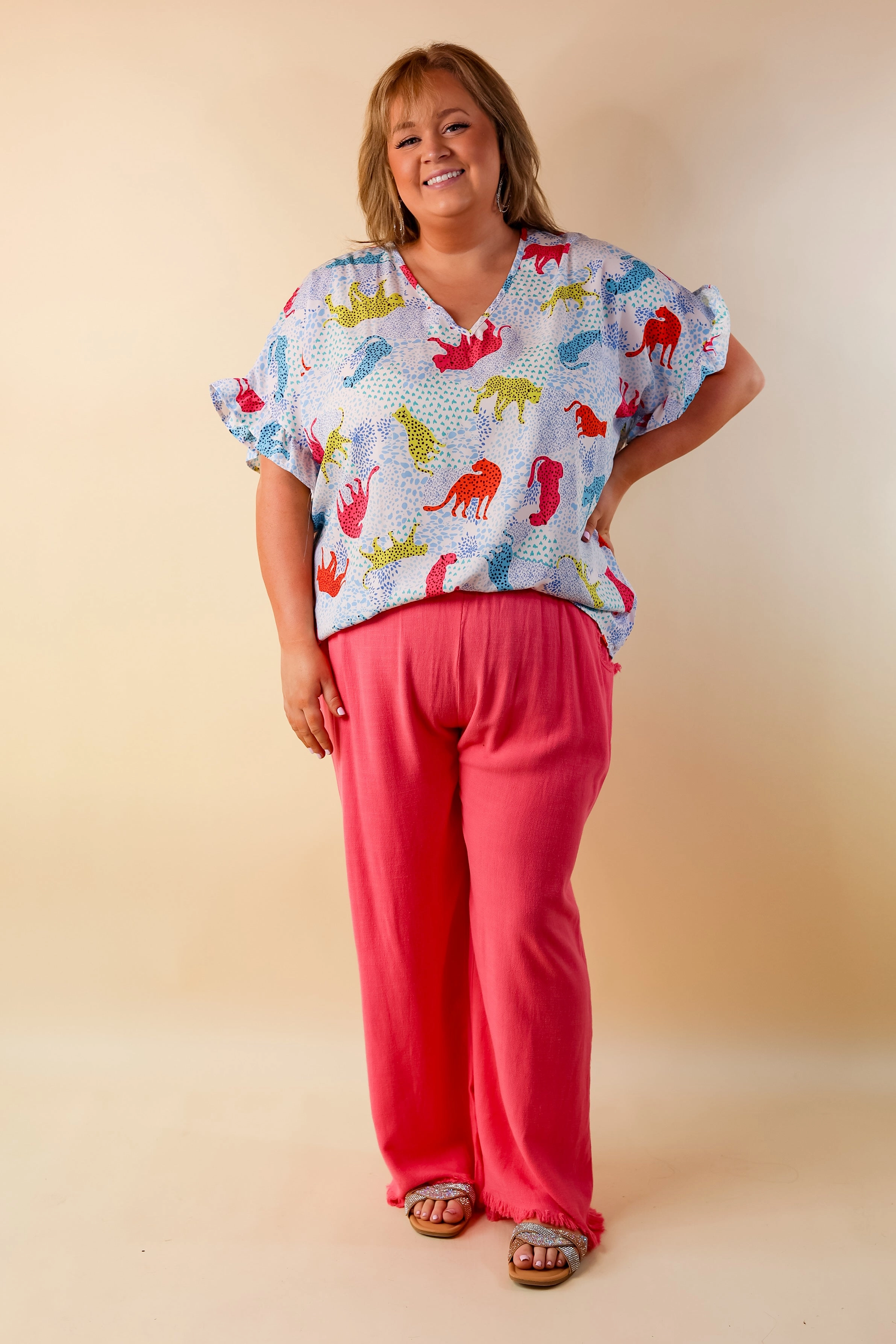 Right On Cue Elastic Waistband Cropped Pants with Frayed Hem in Pink Trendy Trousers