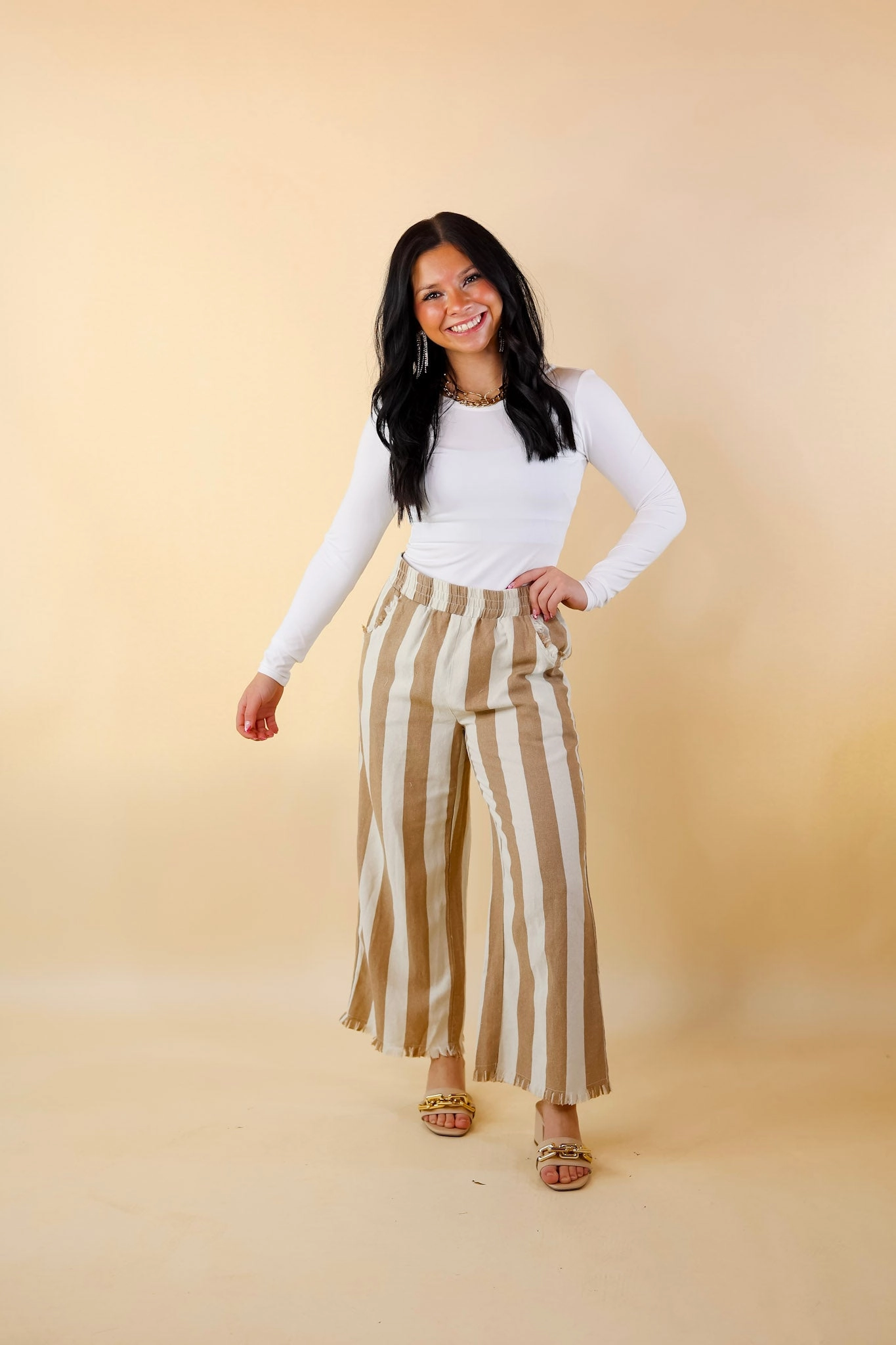 Right On Cue Elastic Waistband Striped Cropped Pants with Frayed Hem in Taupe Eco Wear