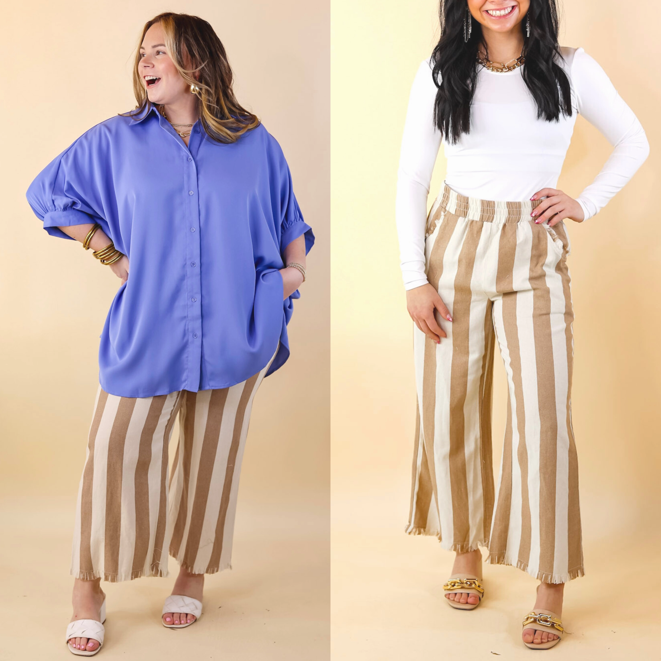 BreathableLining Right On Cue Elastic Waistband Striped Cropped Pants with Frayed Hem in Taupe