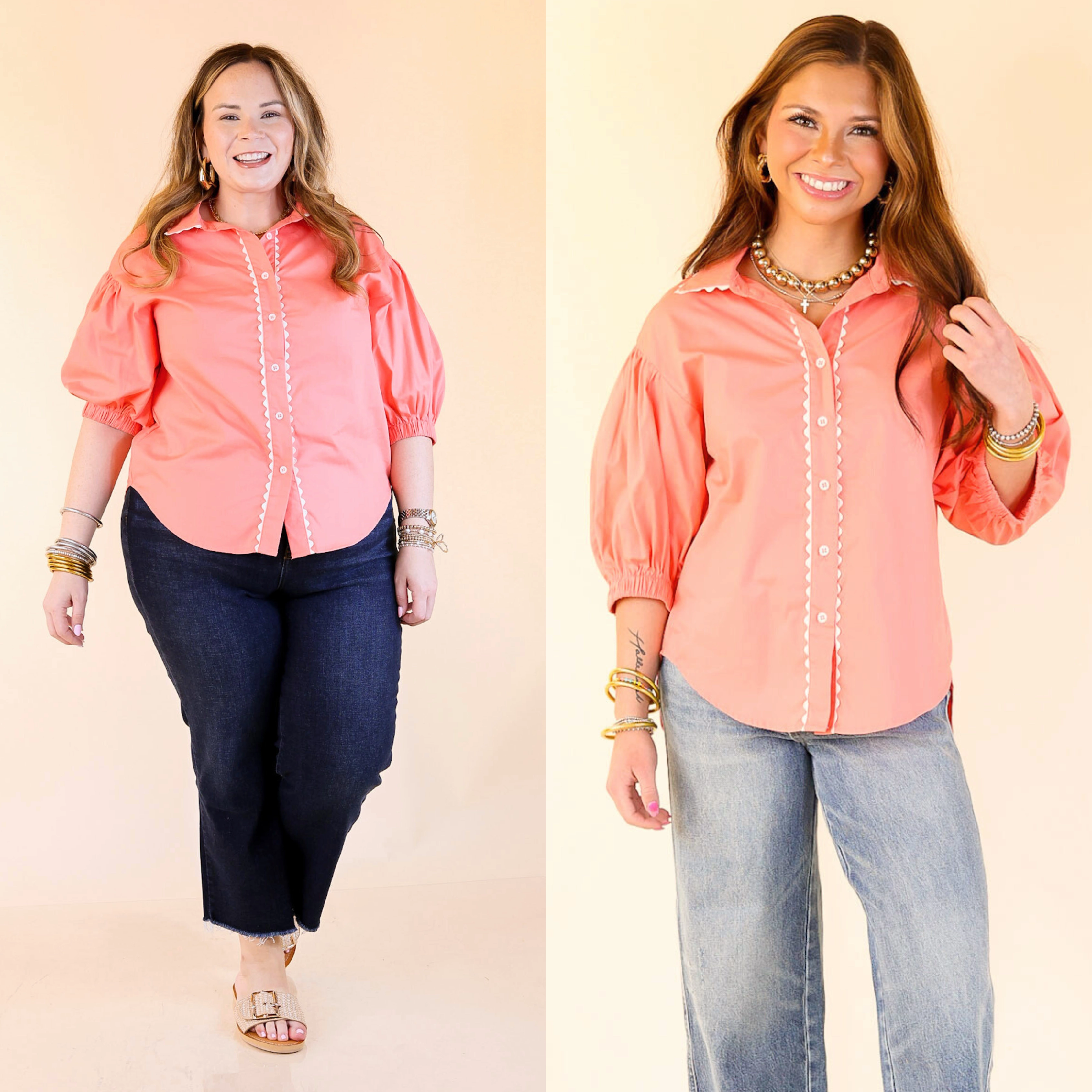 Ripple Effect Puff Sleeve Button-Up Top with Rick-Rack Trim Detailing in Coral Pink Wrinkle Resistant Finish