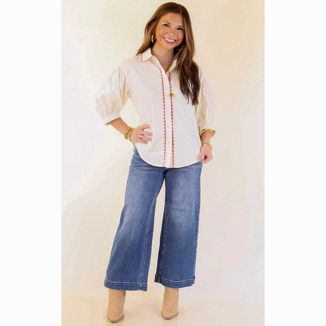 Contrast Stitch Ripple Effect Puff Sleeve Button-Up Top with Rick-Rack Trim Detailing in Cream
