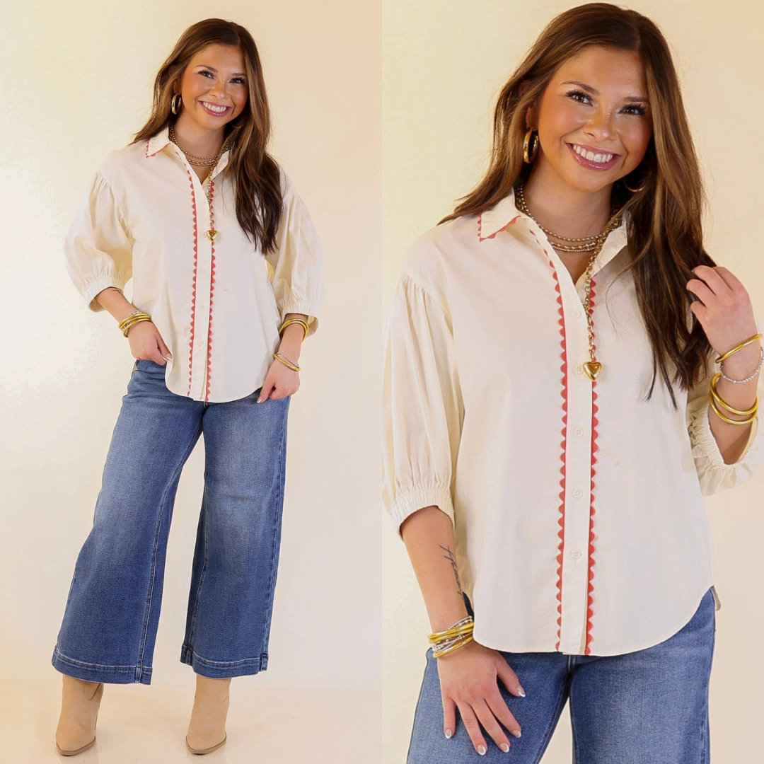 Ripple Effect Puff Sleeve Button-Up Top with Rick-Rack Trim Detailing in Cream Sleek Silhouette Work-to-Weekend
