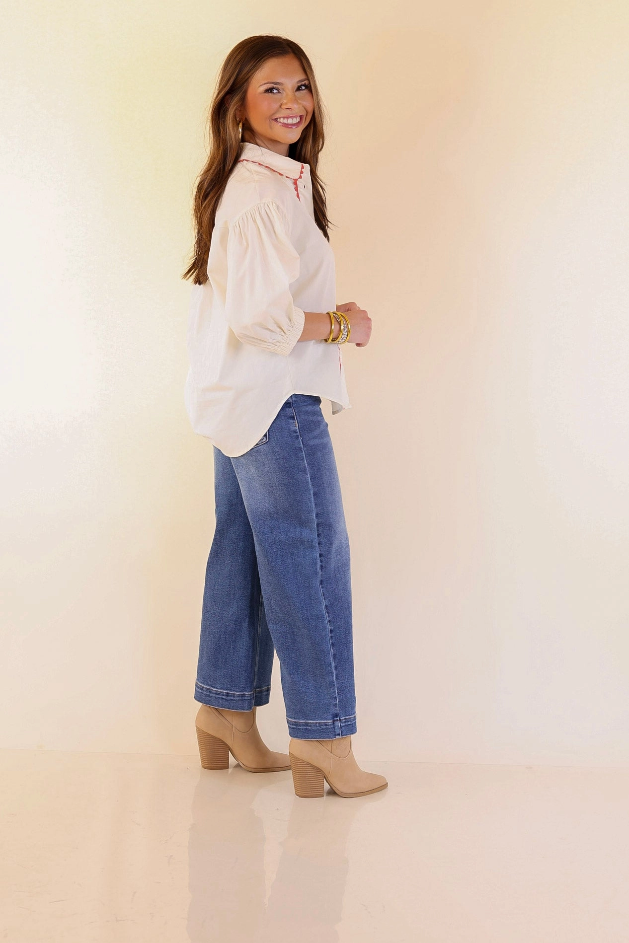 Youthful Vibe Ripple Effect Puff Sleeve Button-Up Top with Rick-Rack Trim Detailing in Cream