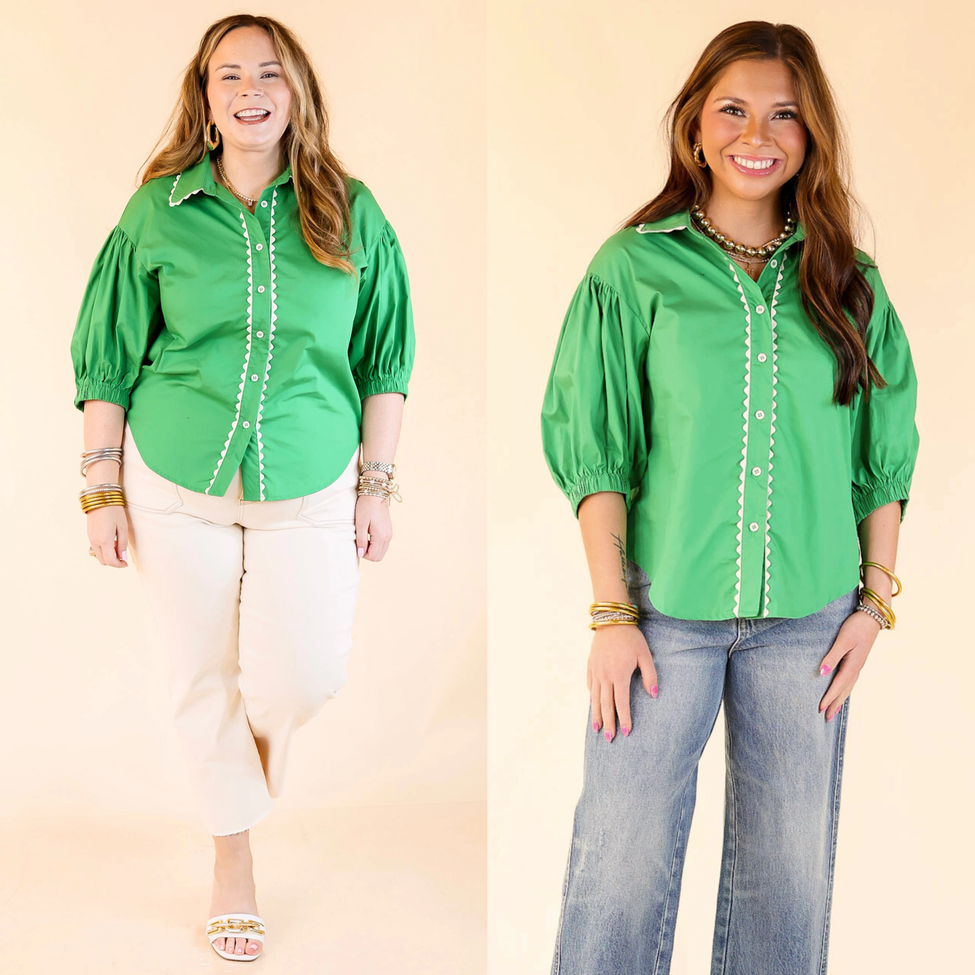 Ripple Effect Puff Sleeve Button-Up Top with Rick-Rack Trim Detailing in Green Timeless Style