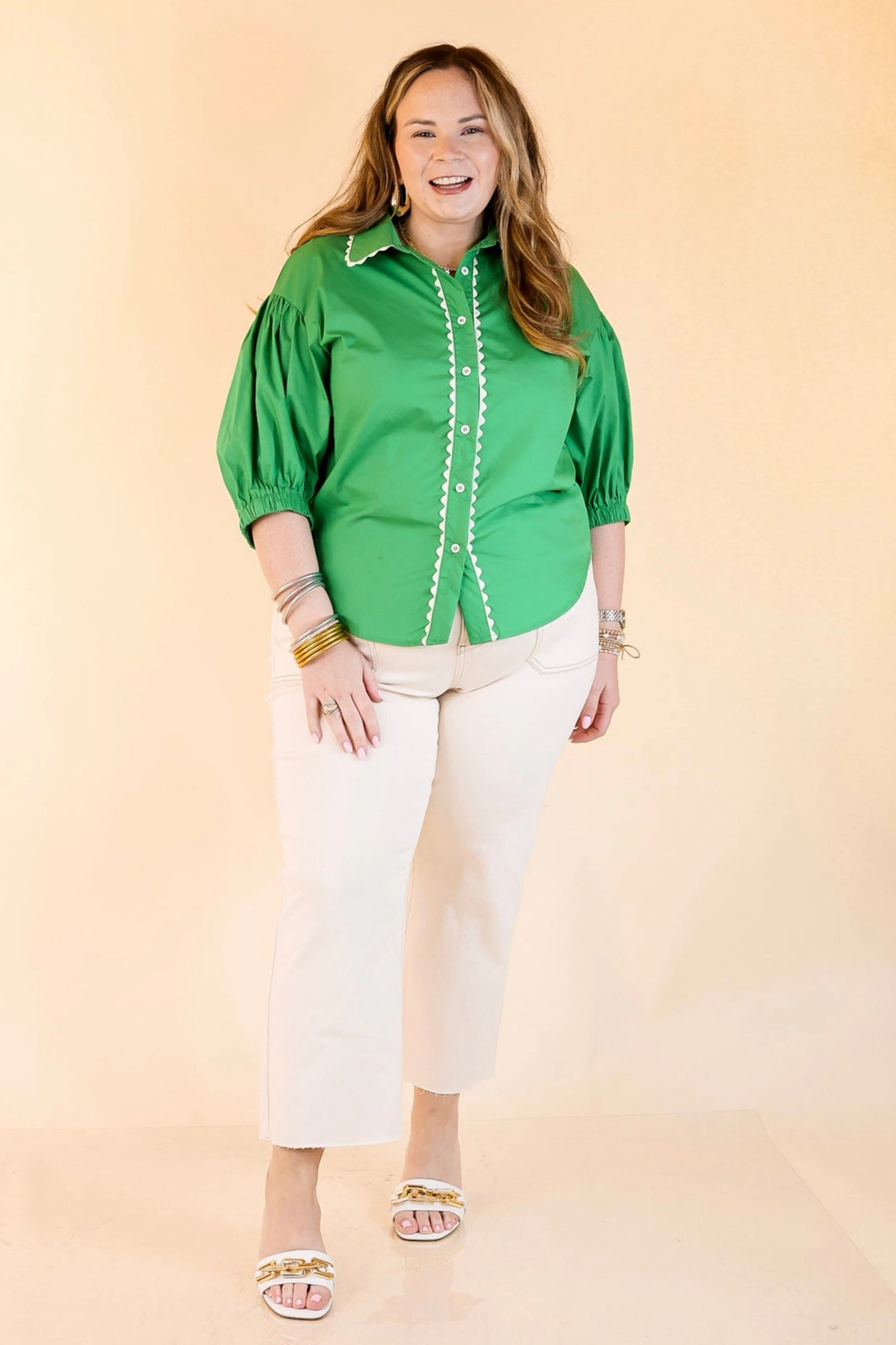 Ethical production Affordable Luxury Ripple Effect Puff Sleeve Button-Up Top with Rick-Rack Trim Detailing in Green