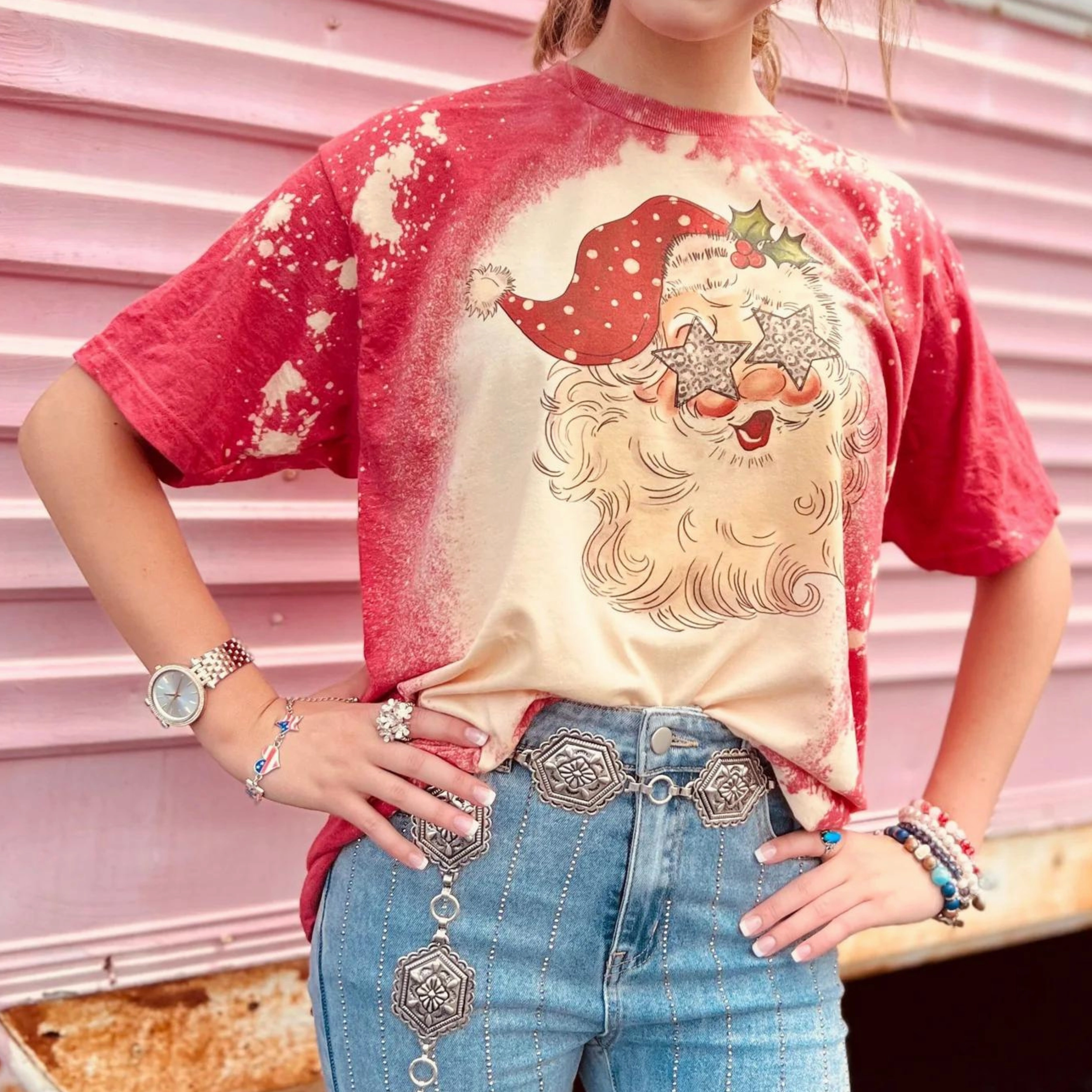 Smile Ease Online Exclusive | Santa with Star Eyes Christmas Graphic Tee in Red Bleached