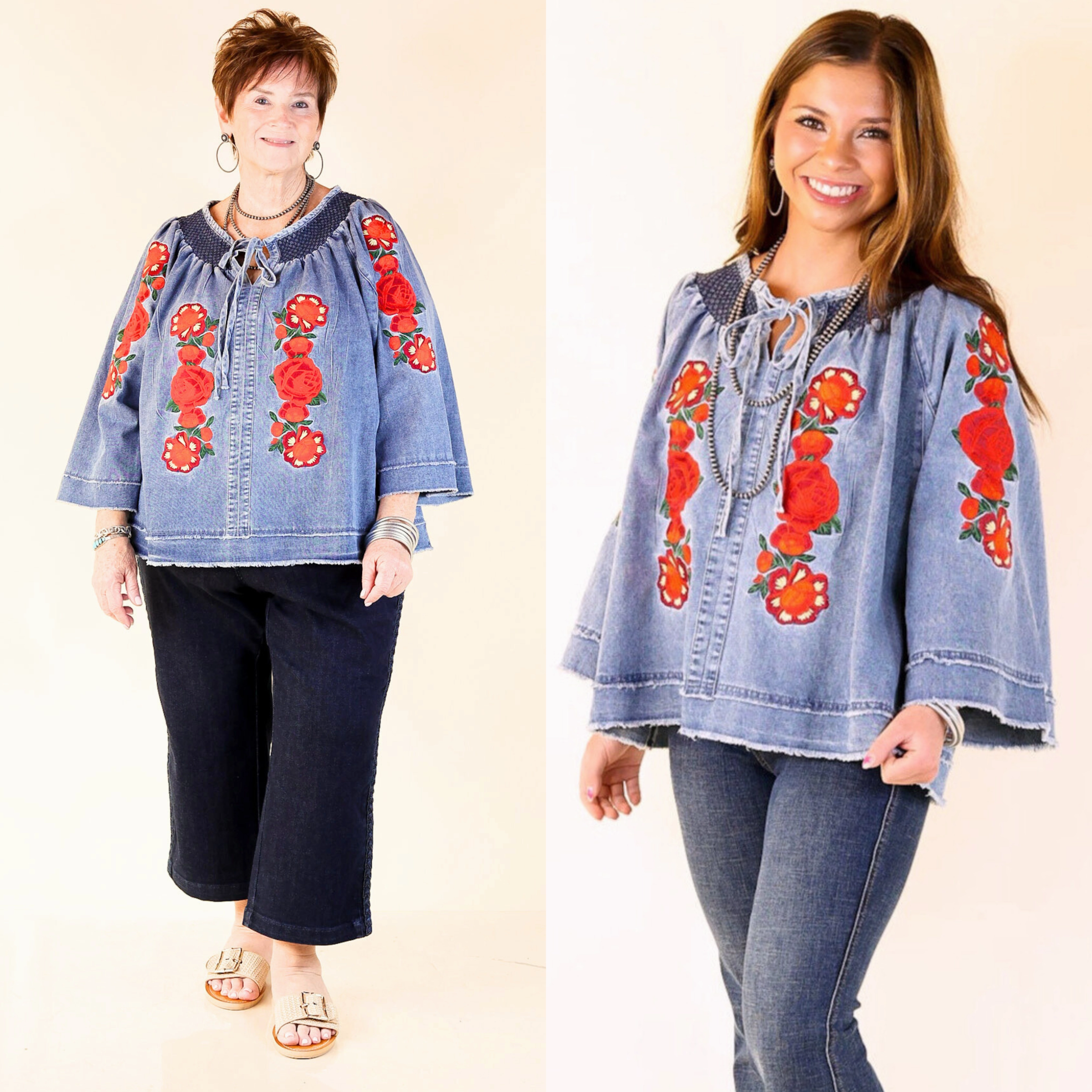 Rodeo Quincy | Tia Carmen Flowy Denim Blouse with Red Rose Embroidery Structured Collar