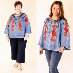Rodeo Quincy | Tia Carmen Flowy Denim Blouse with Red Rose Embroidery Structured Collar
