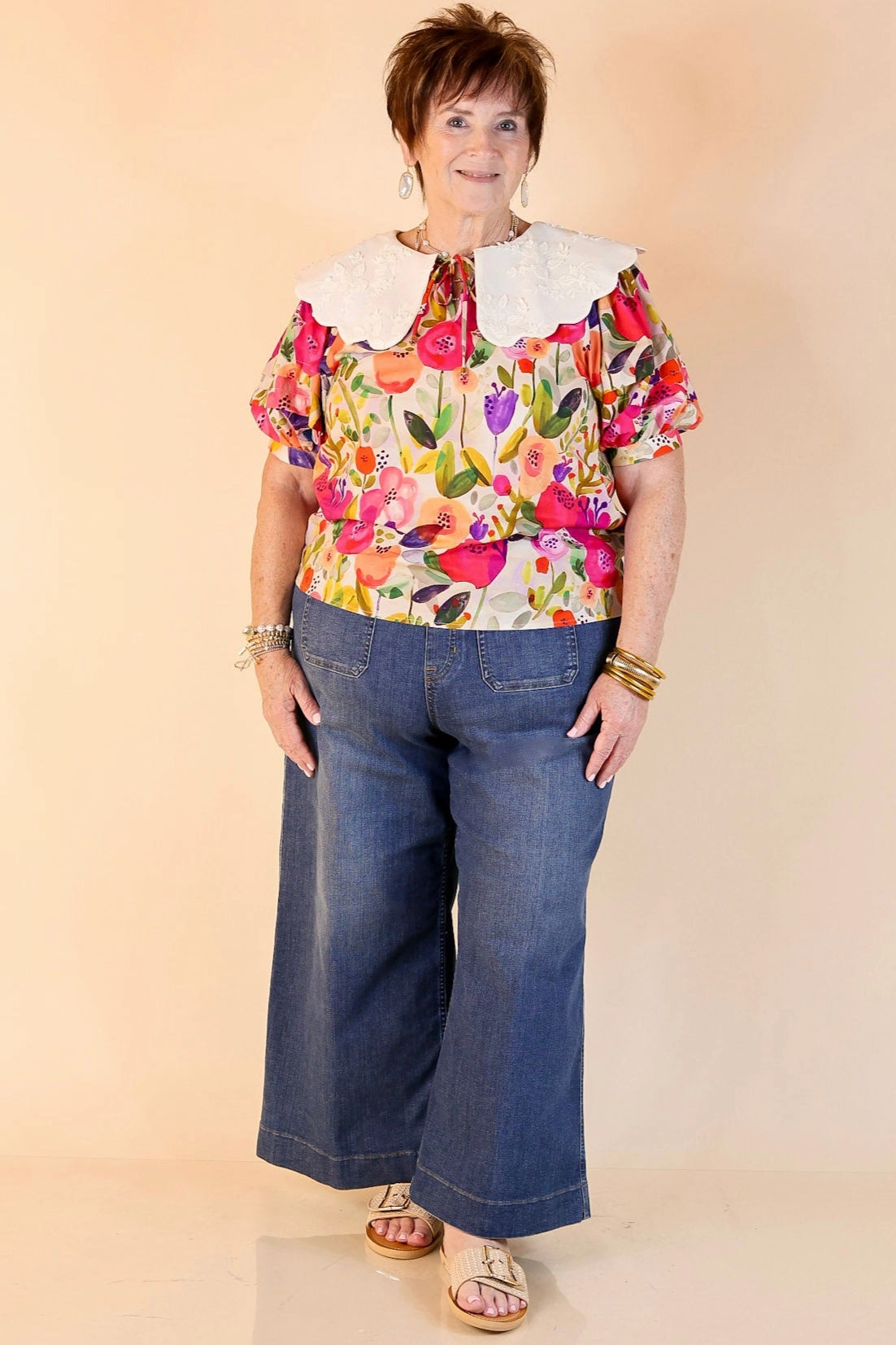 Lovely Look Multicolor Floral Print Top with White Peter Pan Collar Button front