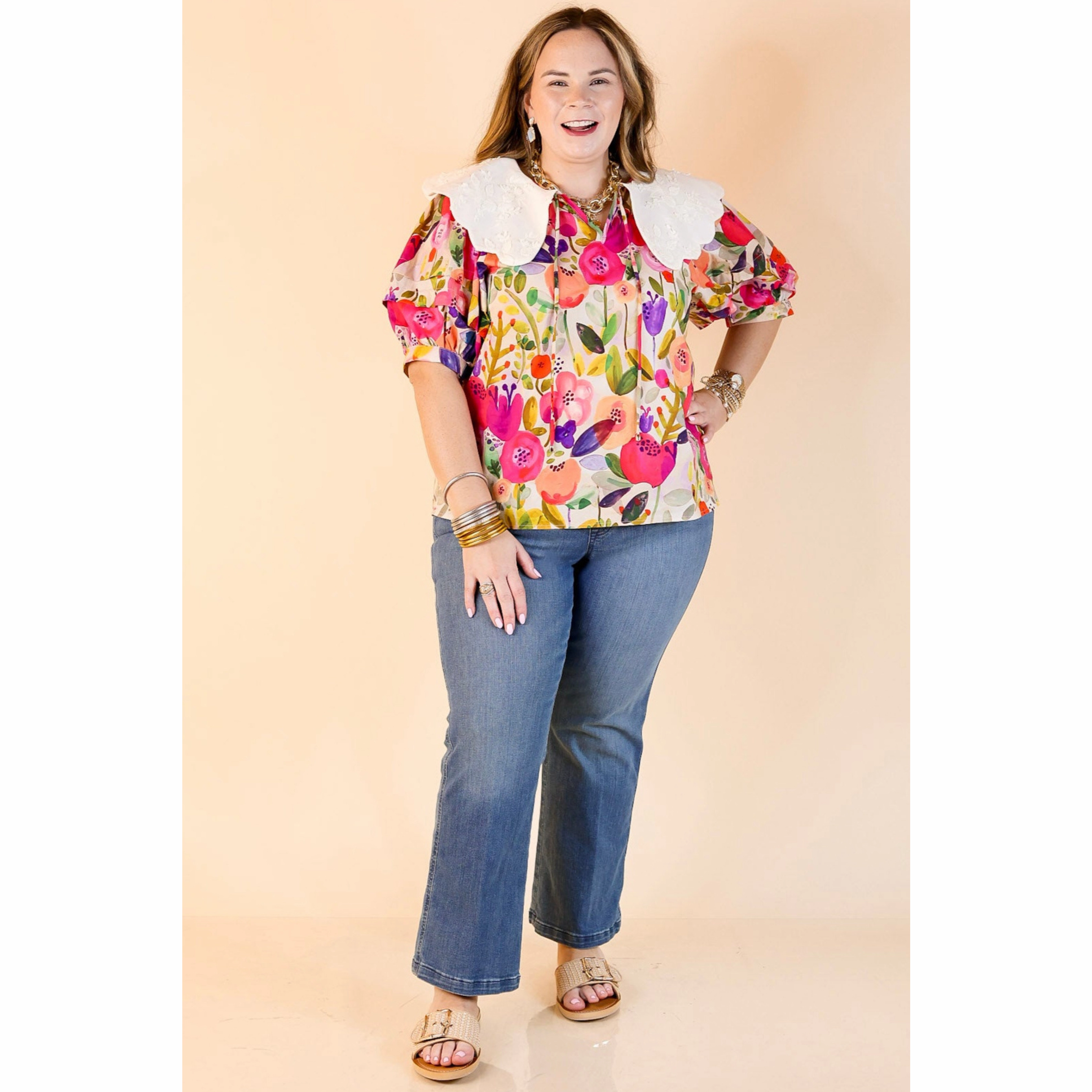 Floral Motif Sleepwear Lovely Look Multicolor Floral Print Top with White Peter Pan Collar