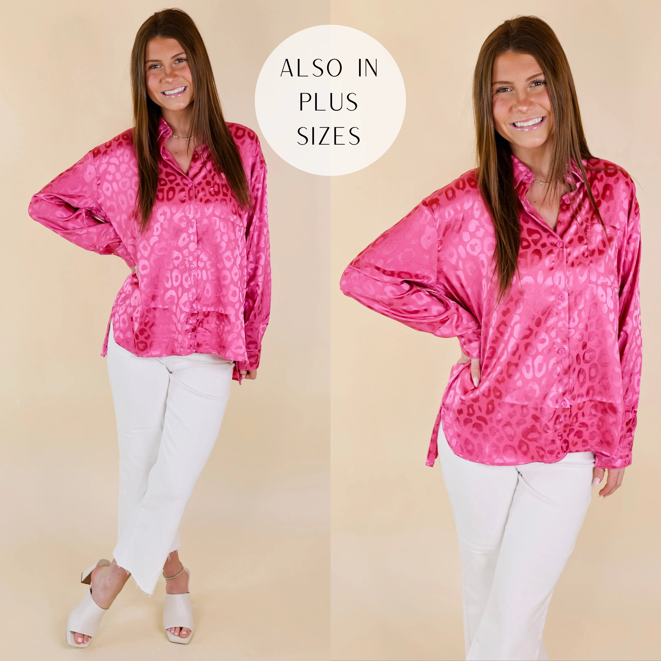 Top It Off Long Sleeve Button Up Satin Leopard Top in Hot Pink ZeroWaste Production Focus Mood