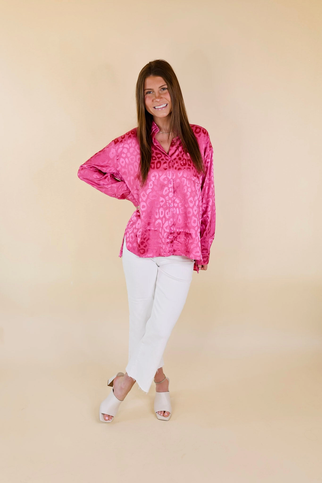 Top It Off Long Sleeve Button Up Satin Leopard Top in Hot Pink Cold Weather