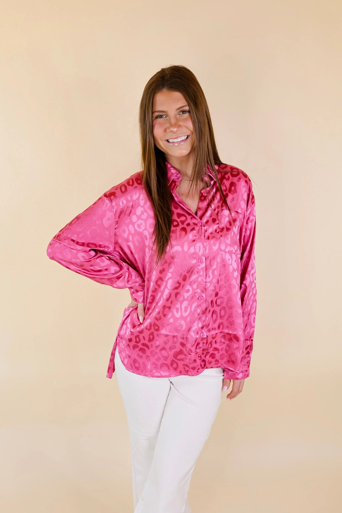 Natural Fiber Blend Top It Off Long Sleeve Button Up Satin Leopard Top in Hot Pink