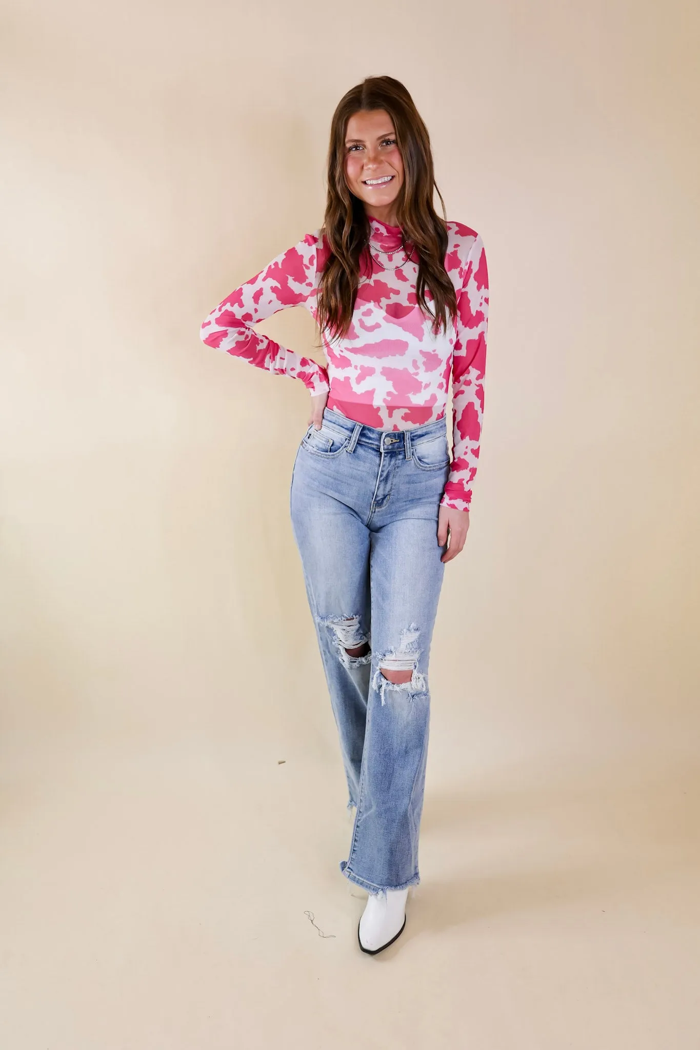 High Neck Design Comfortable Design Try Your Luck Cow Print Mesh Long Sleeve Bodysuit in Pink