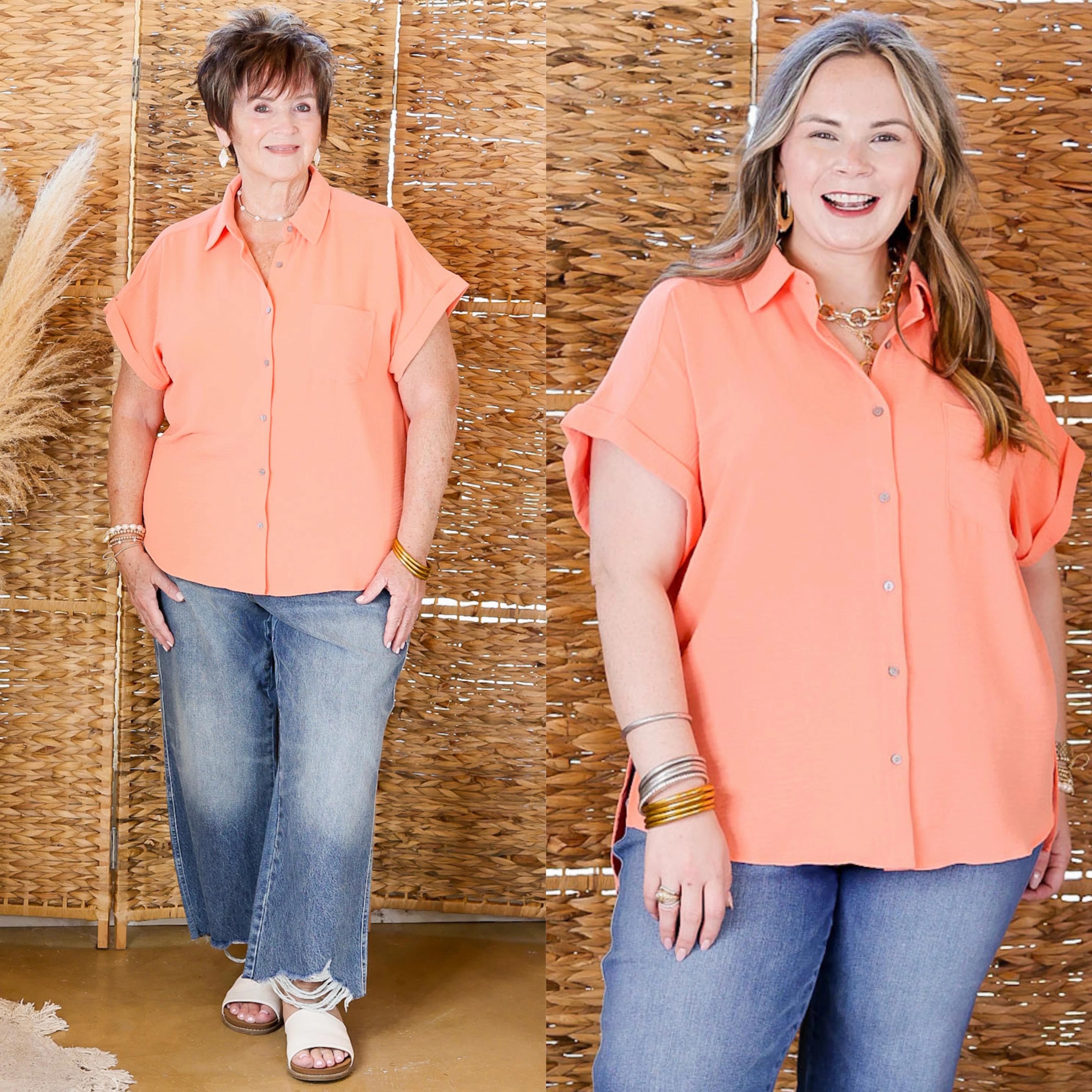 Timeless Appeal Collared Button Up Top in Coral Orange UV Protective Fabric