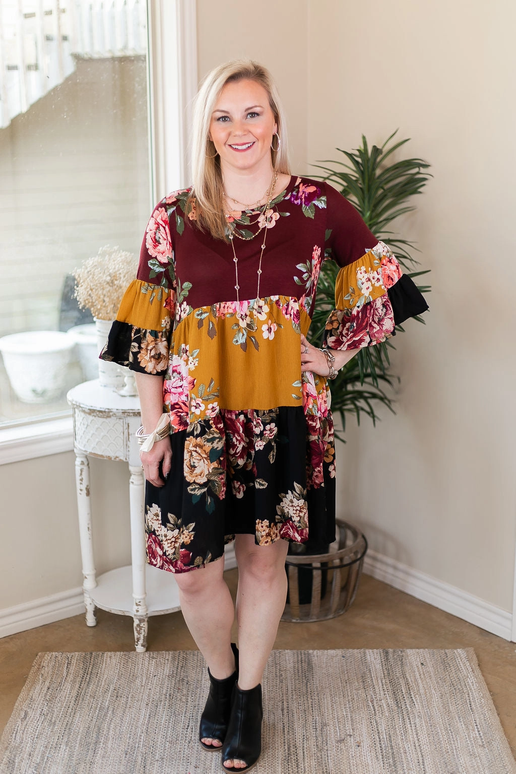 Last Chance Size Small and Medium | Hope Blooms Floral Baby-doll Dress in Maroon and Mustard MoistureWickingMaterial Fire Glow