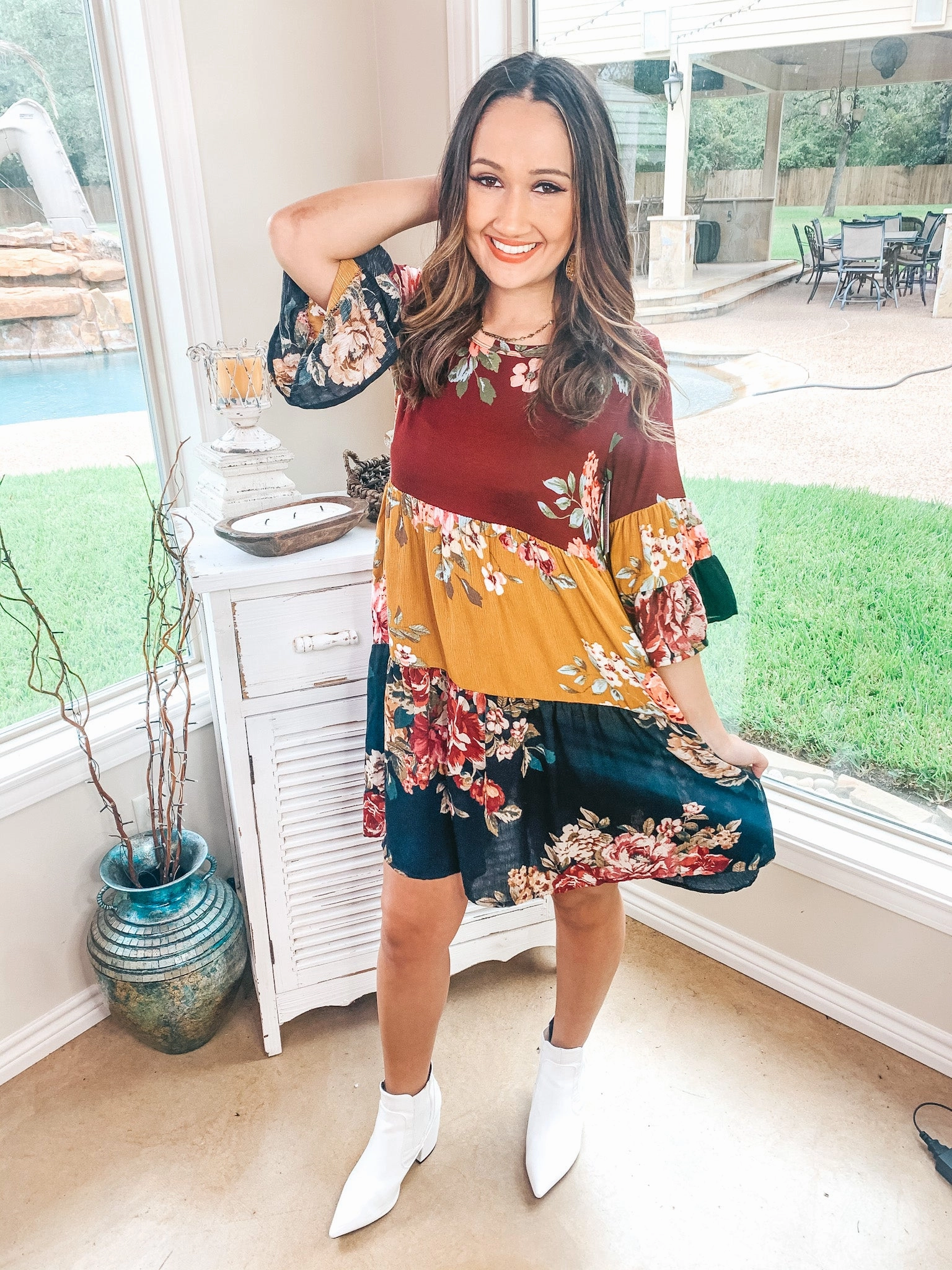 Last Chance Size Small and Medium | Hope Blooms Floral Baby-doll Dress in Maroon and Mustard Loose Thread