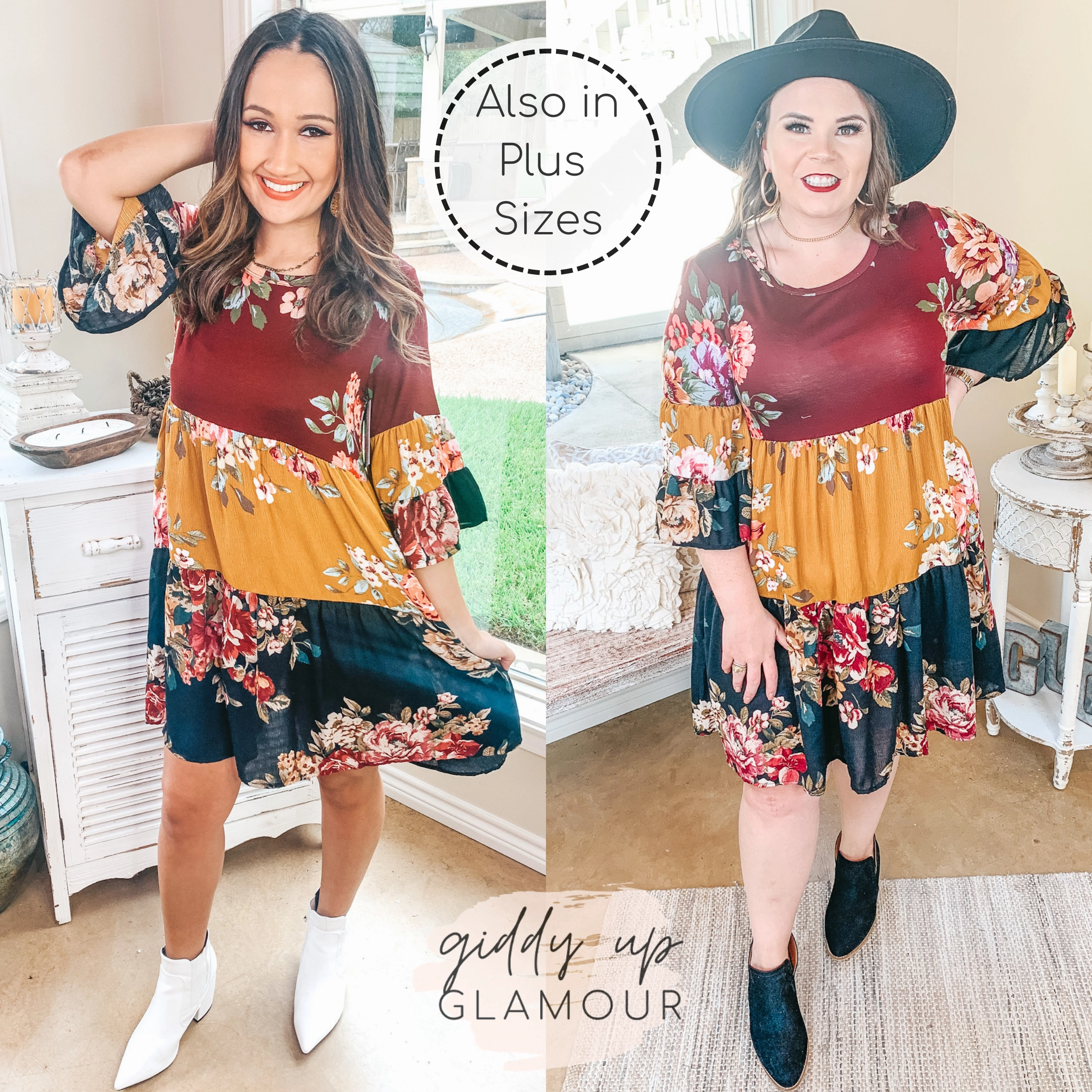 Last Chance Size Small and Medium | Hope Blooms Floral Baby-doll Dress in Maroon and Mustard Work Safe