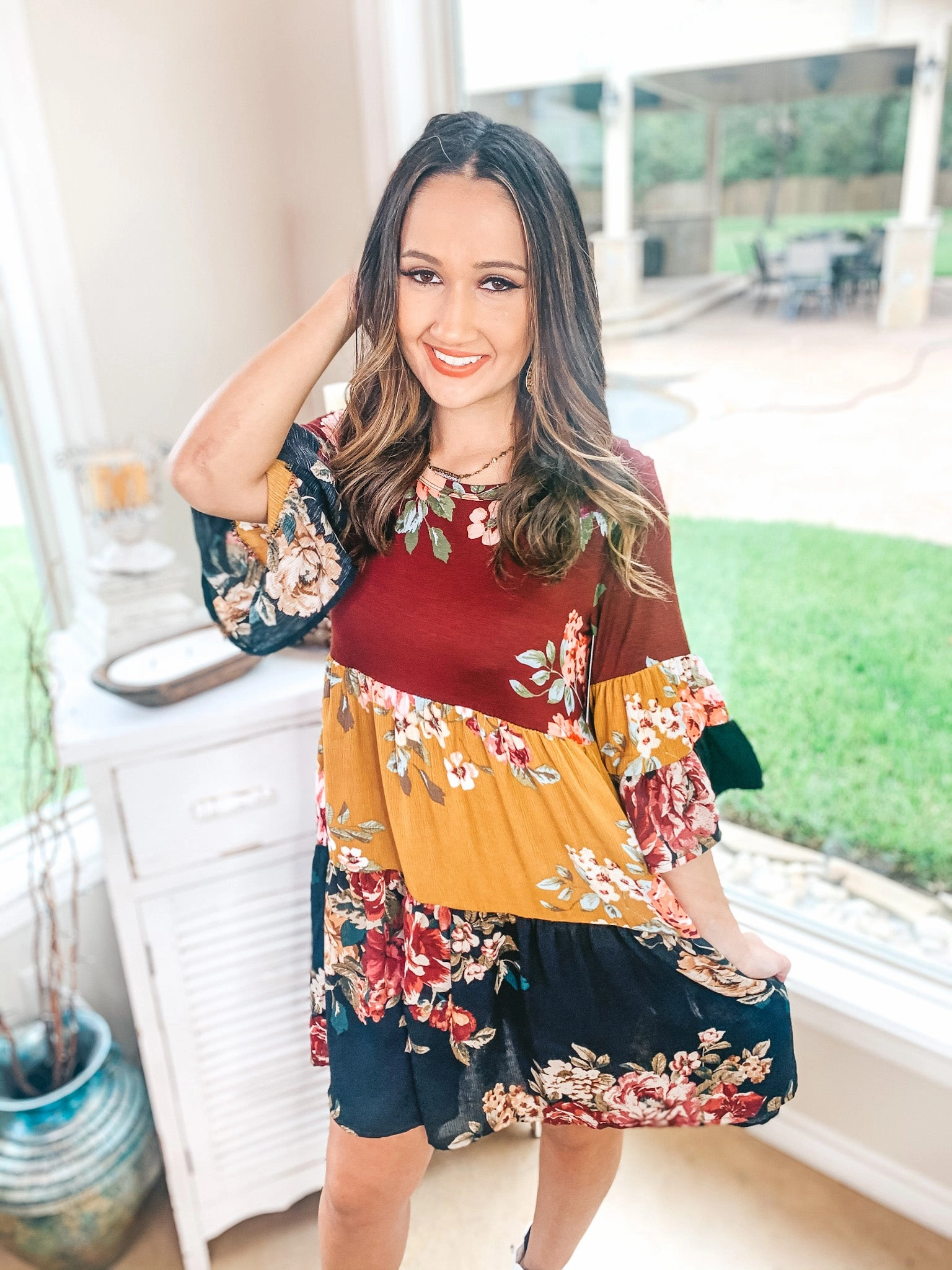 Last Chance Size Small and Medium | Hope Blooms Floral Baby-doll Dress in Maroon and Mustard Future Edge Fantasy Glow