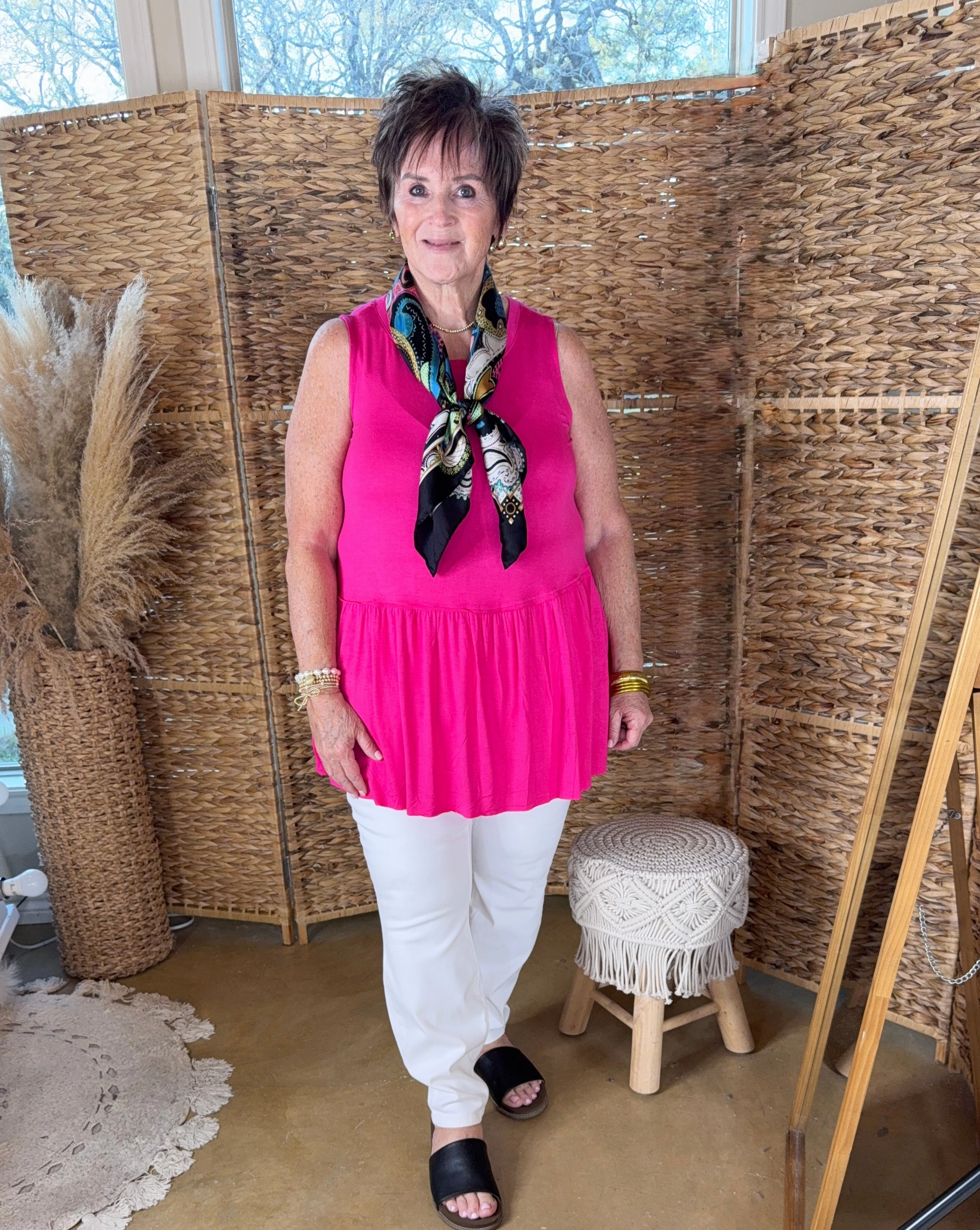 Ruffle Bottom Sleeveless Top in Hot Pink AntiClingFabric Flatlock stitching