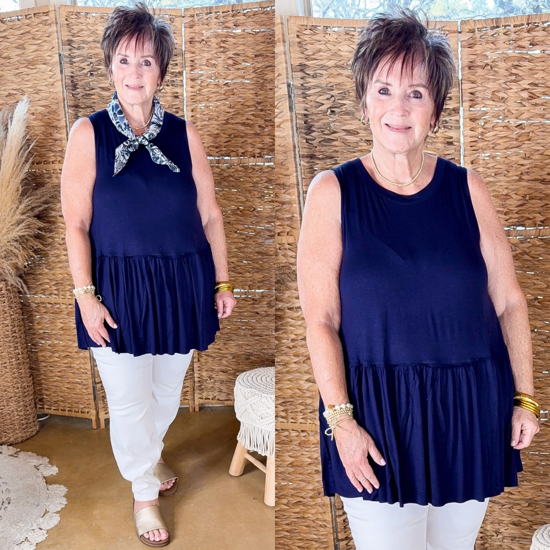 Ruffle Bottom Sleeveless Top in Navy Blue Work-Ready