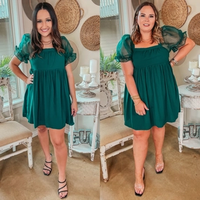 Teen Fresh Sky Cool Last Chance Size Medium Seasonal Spice Puff Sleeve Babydoll Dress in Emerald Green
