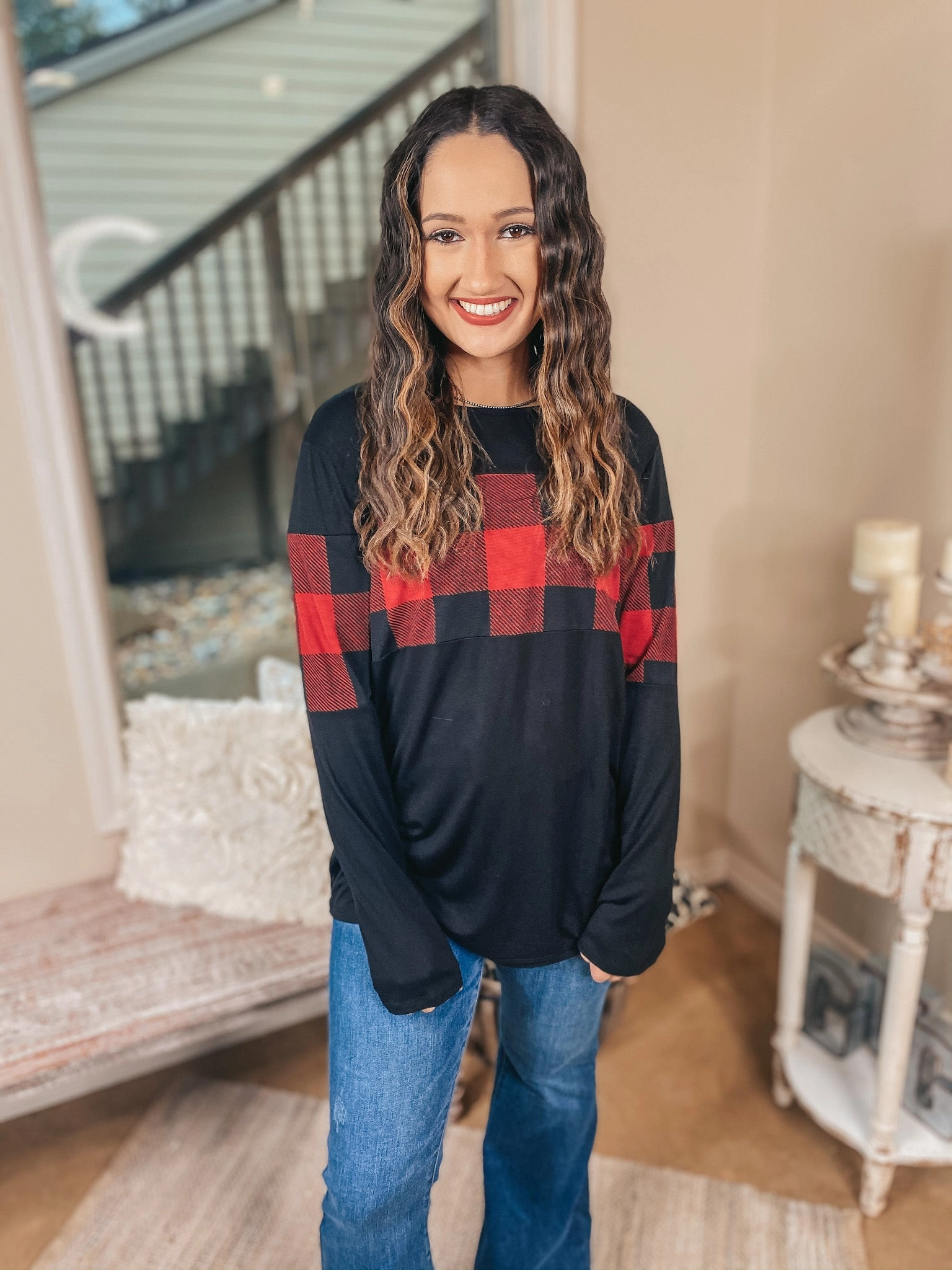Leader Core Last Chance Size Small & Medium | One Way Ticket North Buffalo Plaid Bust Long Sleeve Top in Red and Black