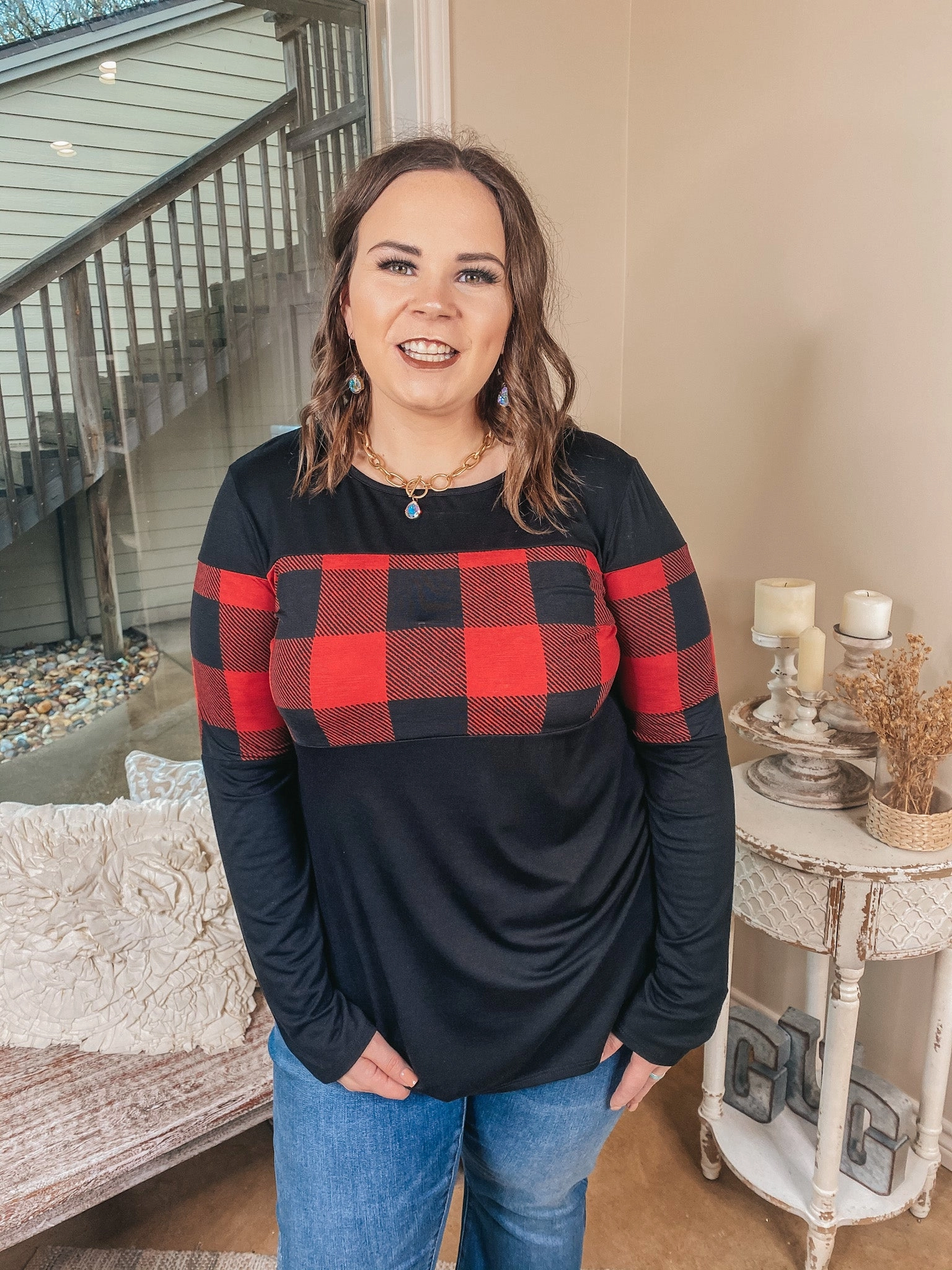 Last Chance Size Small & Medium | One Way Ticket North Buffalo Plaid Bust Long Sleeve Top in Red and Black Morning Ease