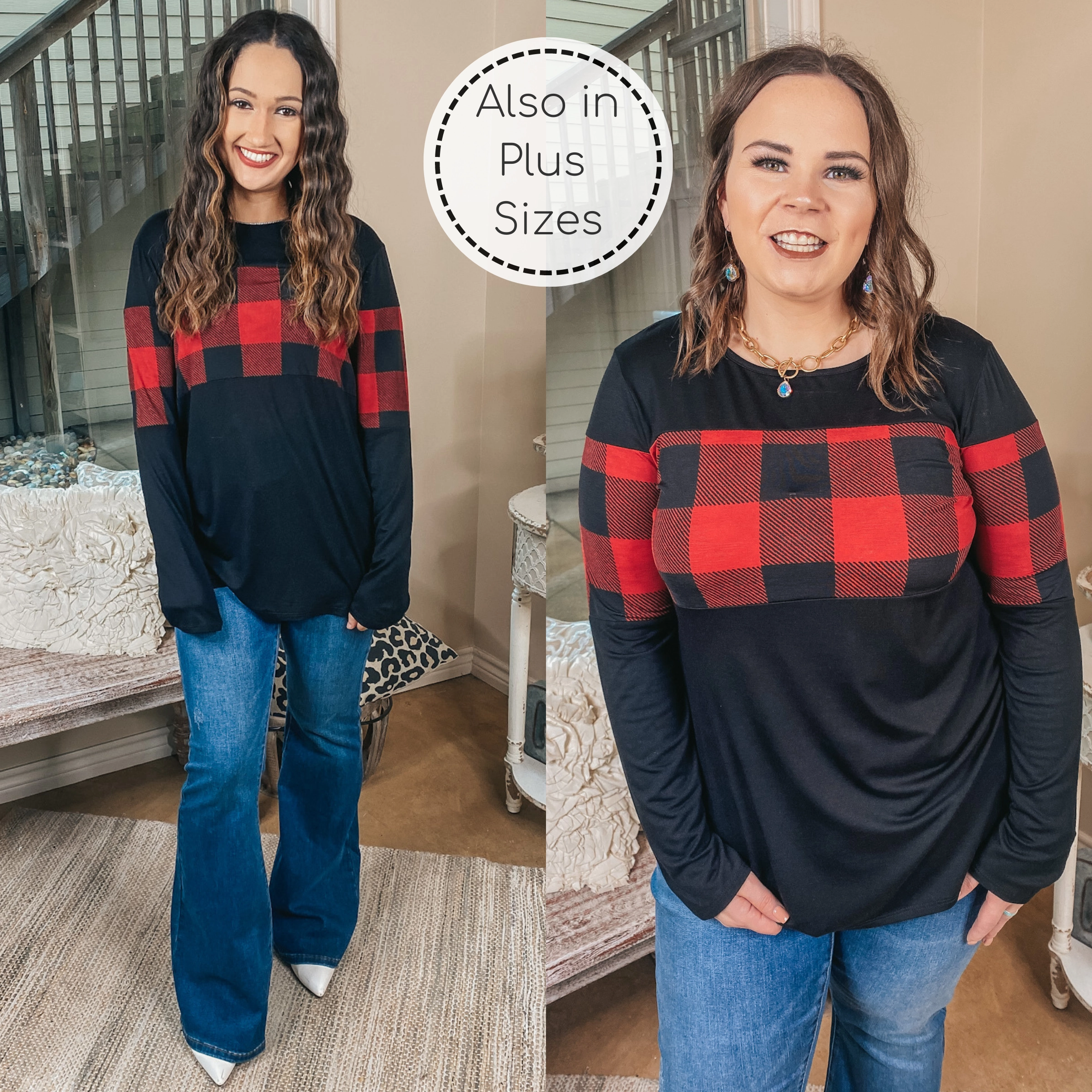 Last Chance Size Small & Medium | One Way Ticket North Buffalo Plaid Bust Long Sleeve Top in Red and Black Essential Shirt
