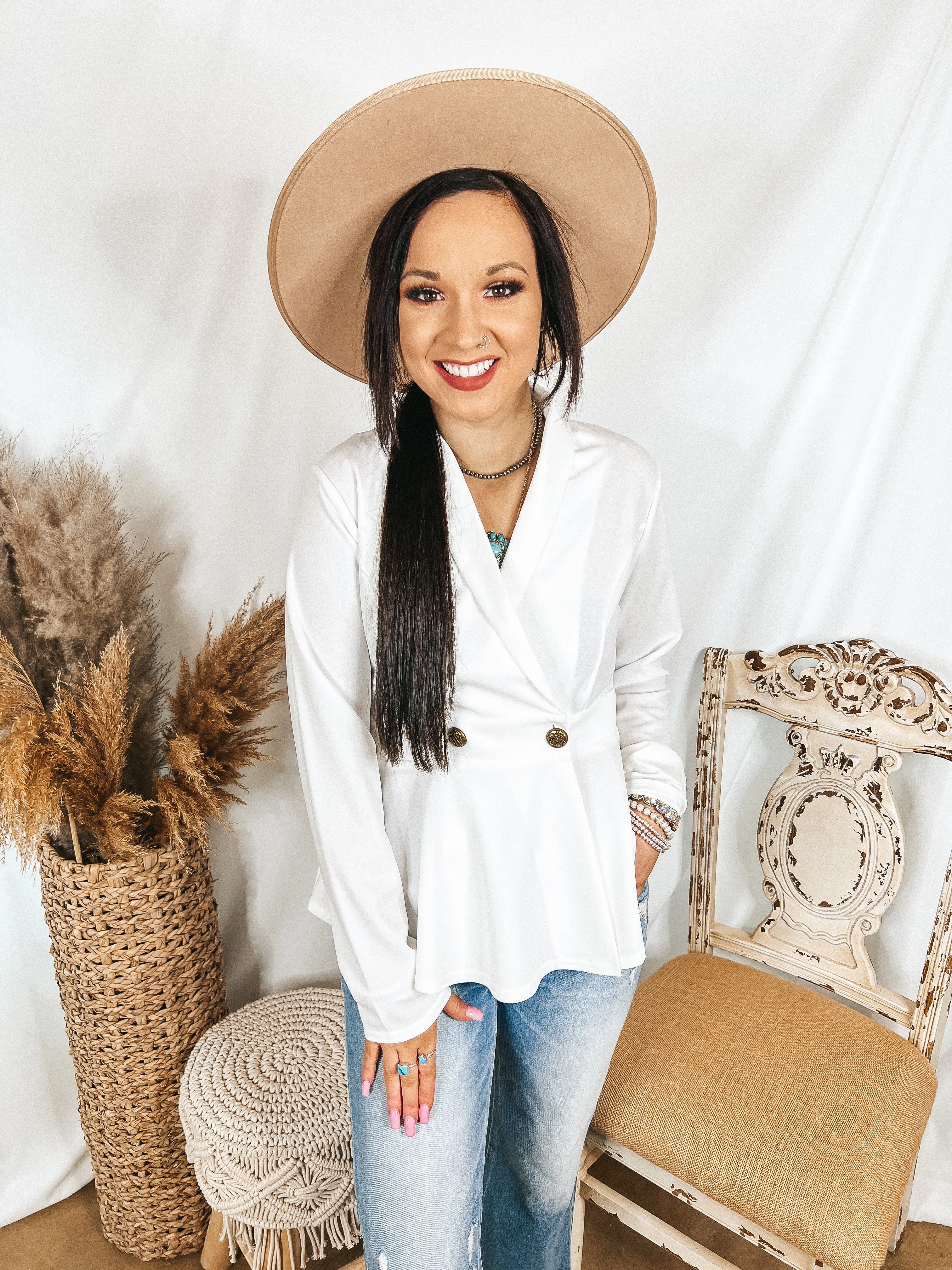 Soft Fabric High-Waisted Pants Rumored Romance Double Breasted Peplum Blazer Blouse in Ivory