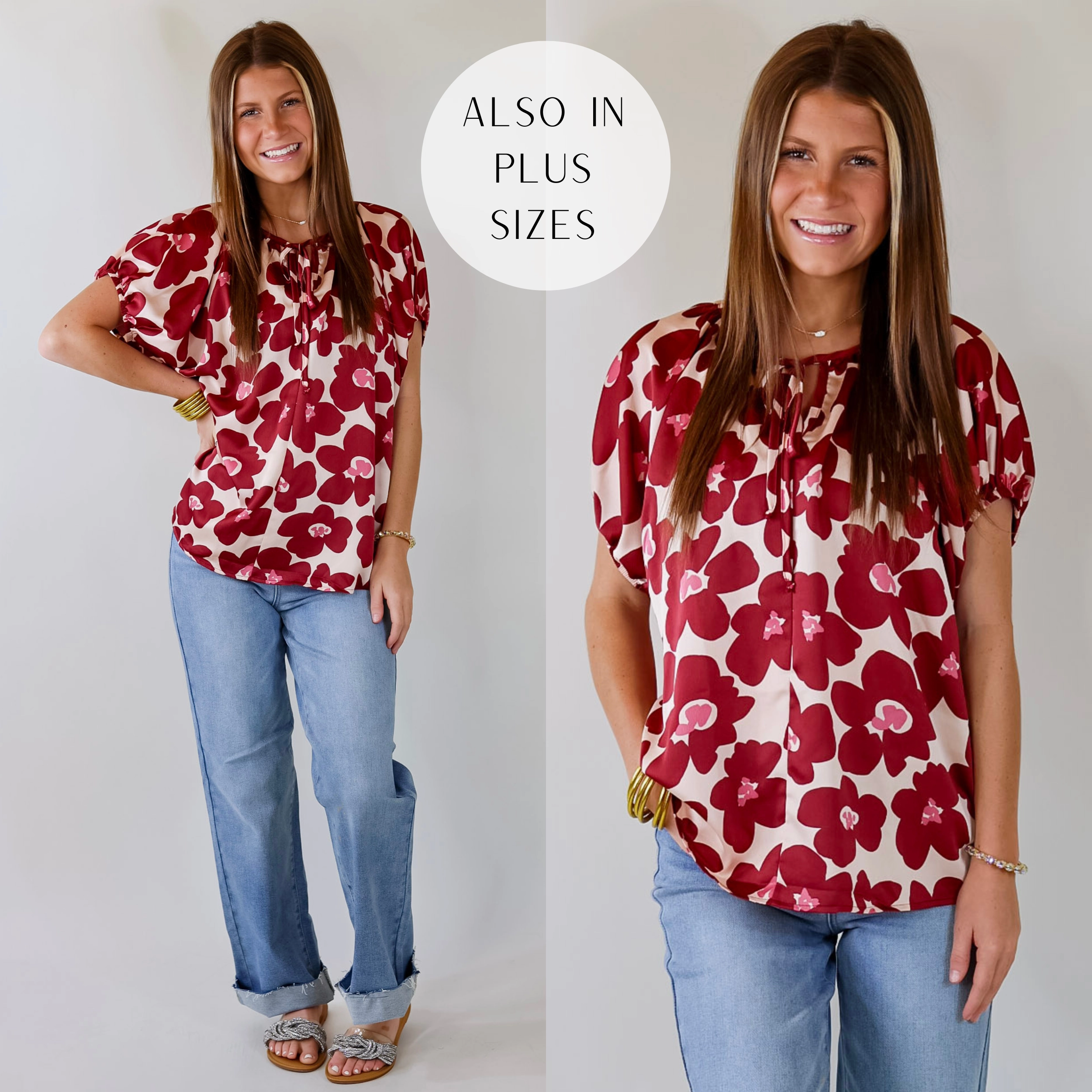 Counting Kisses Short Sleeve Floral Top with Keyhole in Maroon UVProtection OdorResistant