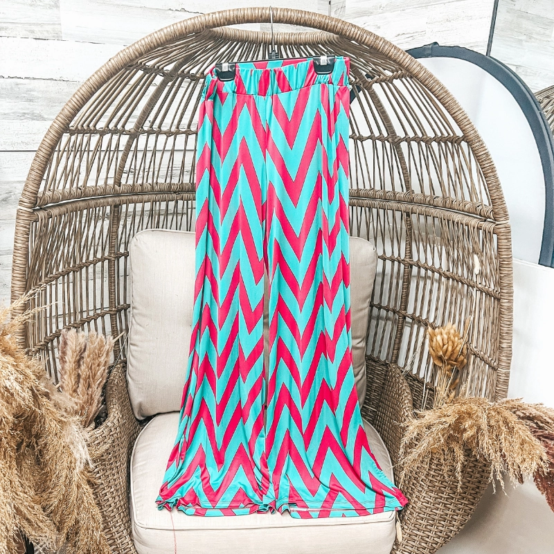 Comfortable Design Floor Length Chevron Print Pants in Turquoise and Fuchsia