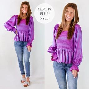 High-Waisted Pants Adjustable Fastenings Perfect Vision Smocked Long Sleeve Top in Iridescent Purple