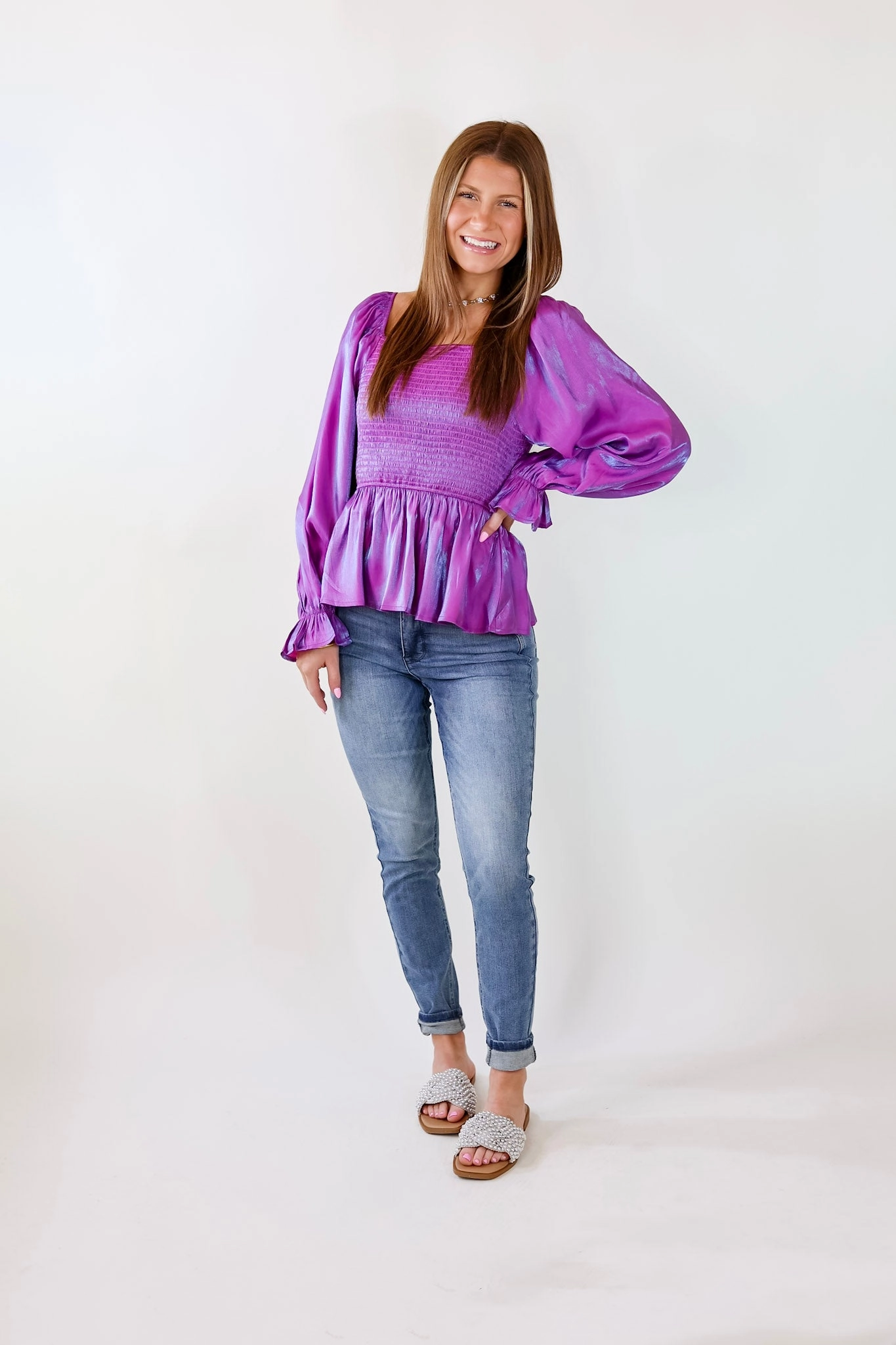 Perfect Vision Smocked Long Sleeve Top in Iridescent Purple MultiPocket Design