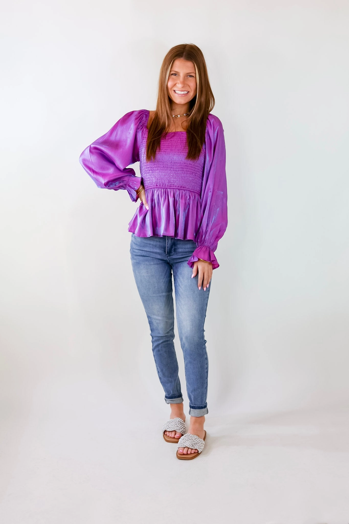 Winter Style Perfect Vision Smocked Long Sleeve Top in Iridescent Purple