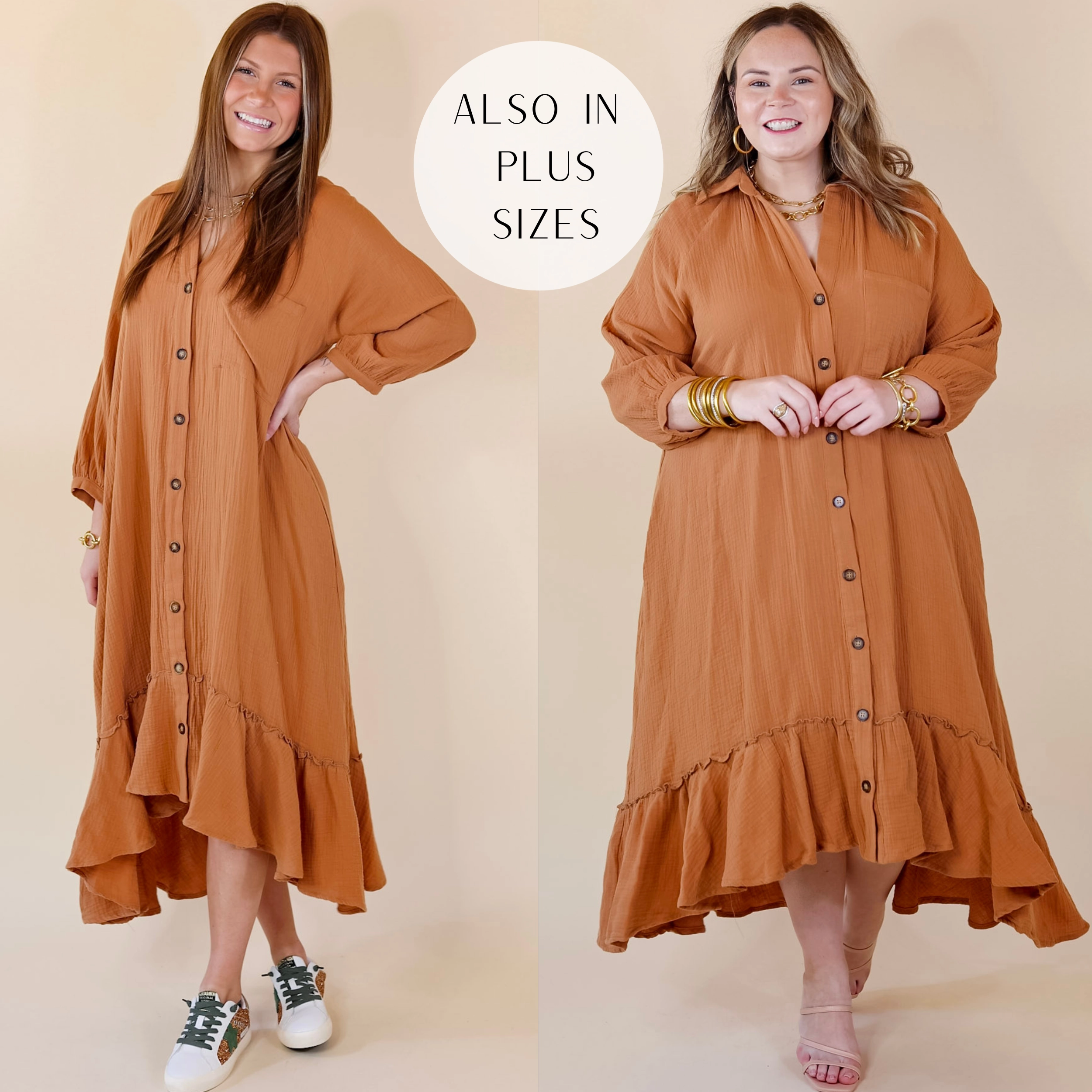 Last Chance Size Small | New England Nights Button Up Ruffle Hem Midi Dress in Camel All Look