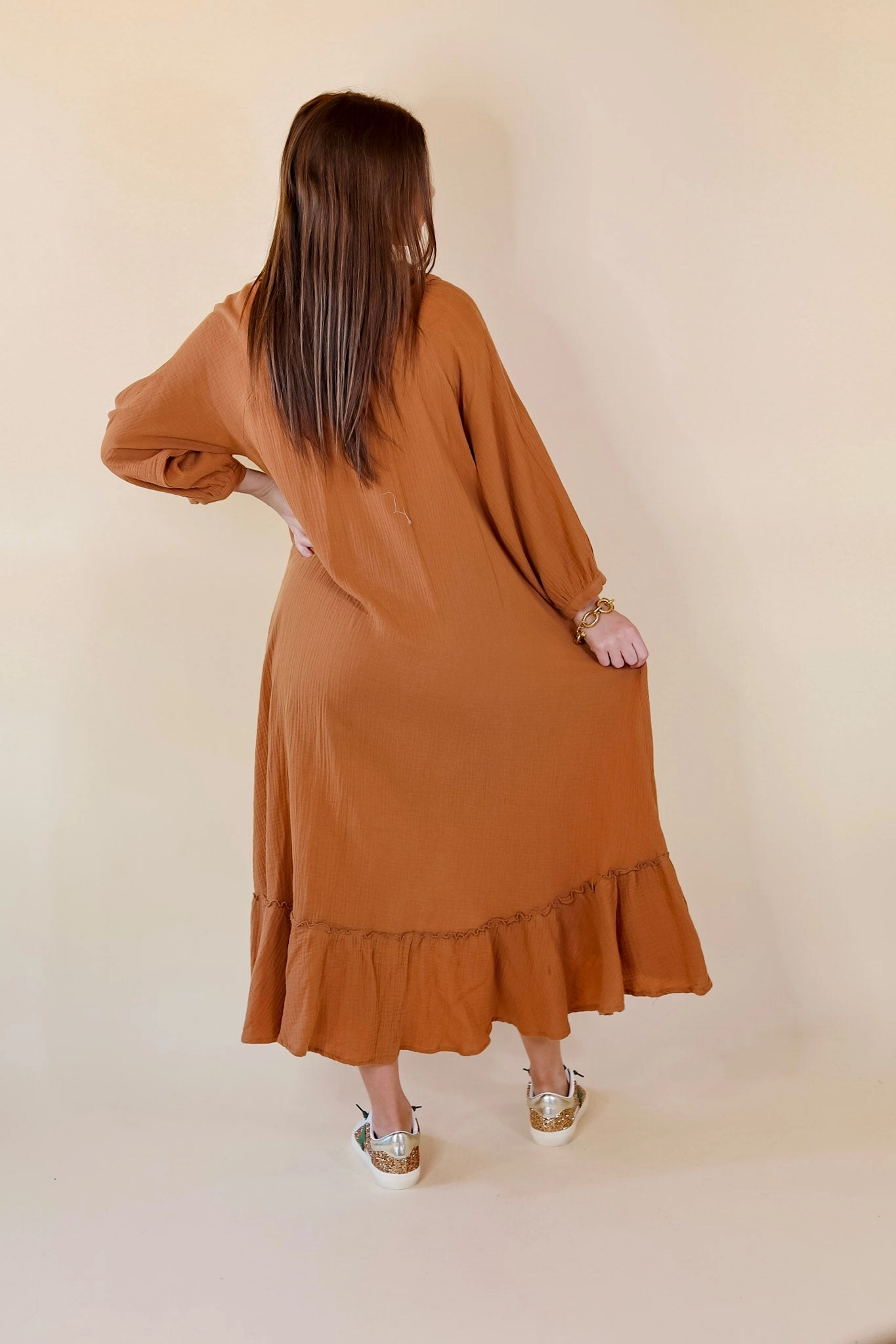 Last Chance Size Small | New England Nights Button Up Ruffle Hem Midi Dress in Camel EcoDyeProcess Spring Glow